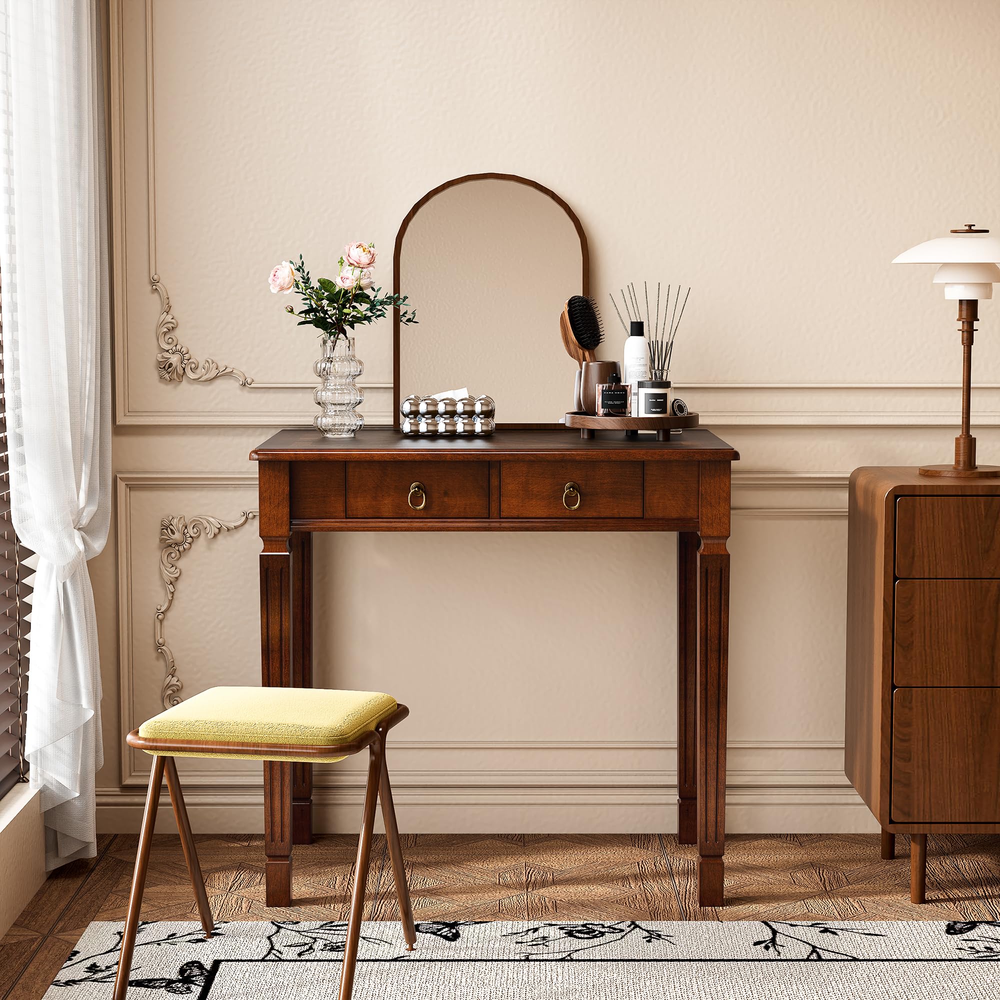 PADMA HOUSE Scrittoio in Legno Massiccio 80cm, Scrivania Vintage con 2 Cassetti, Tavolo da Studio Robusto per Computer e Ufficio, Mobile Salvaspazio Stile Classico