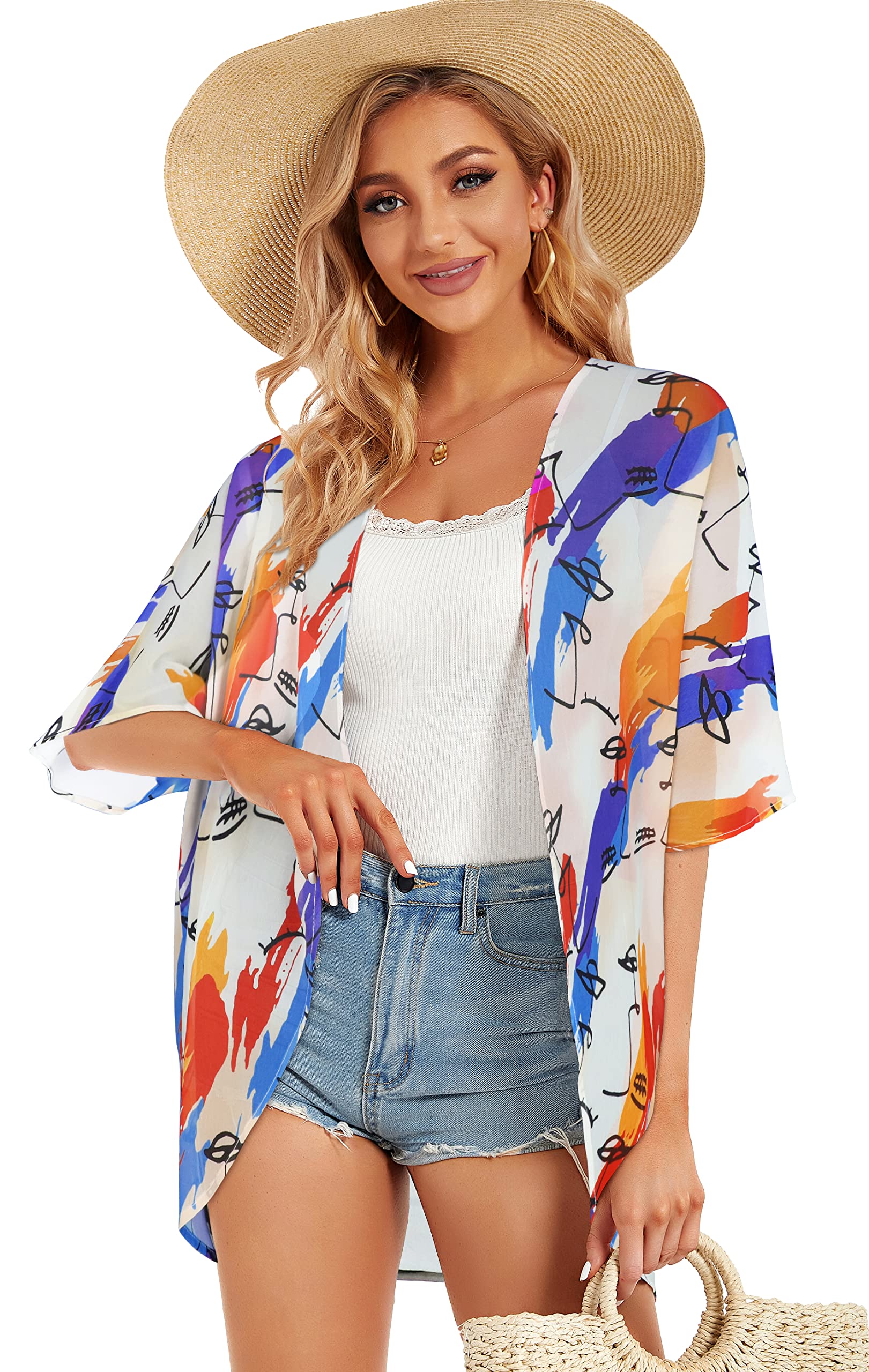 Damskie kimono, plażowe, szyfon, kardigan, kwiaty, topy, luźne peleryny, Kolorowe kolory., S