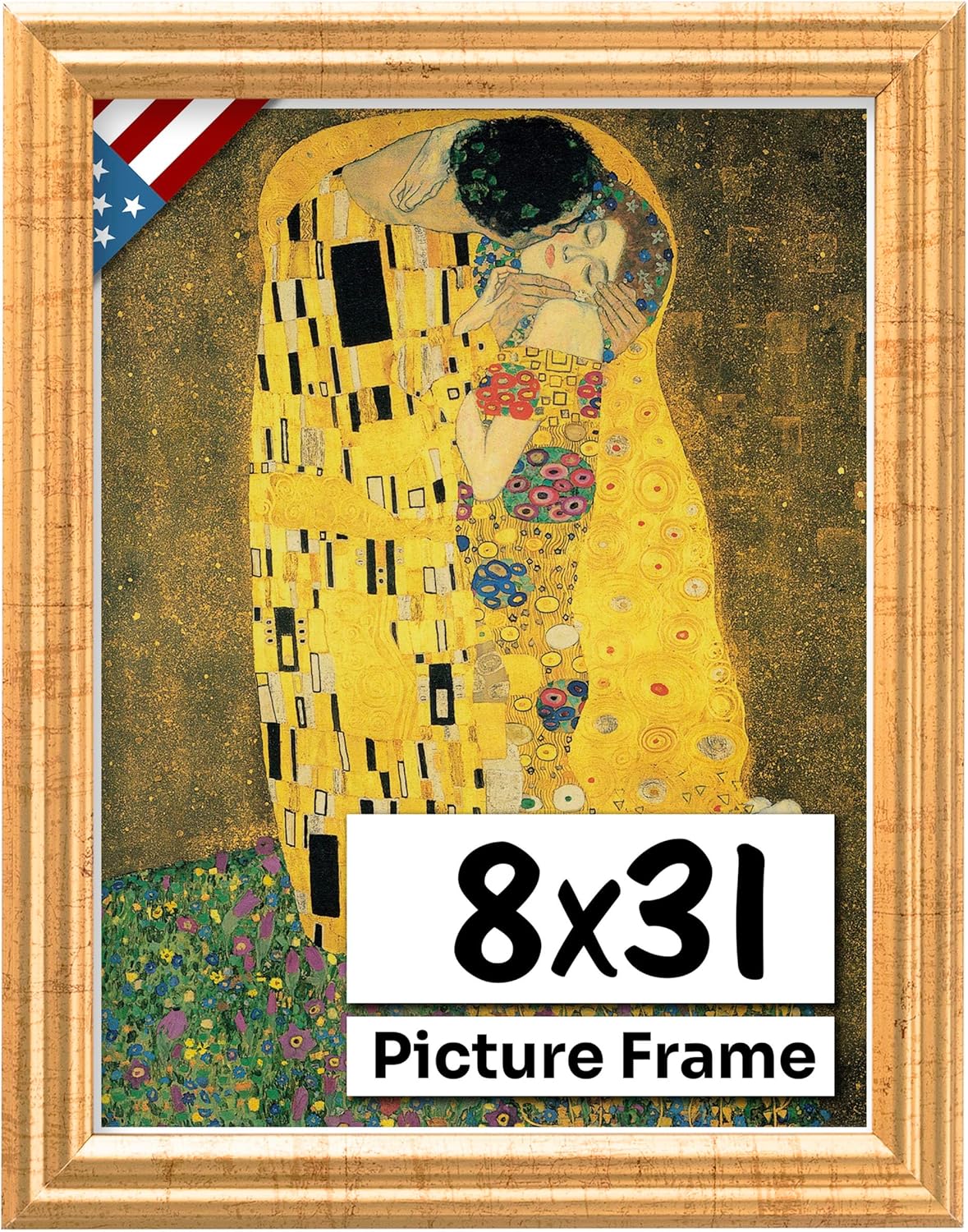 Antique Gold 8x31 Picture Frame .75" Inch Wide - Gold Wall Decor Handmade Solid Wood Frames with Preinstalled Hangers and UV Blocking Plexiglass 31x8 Frame