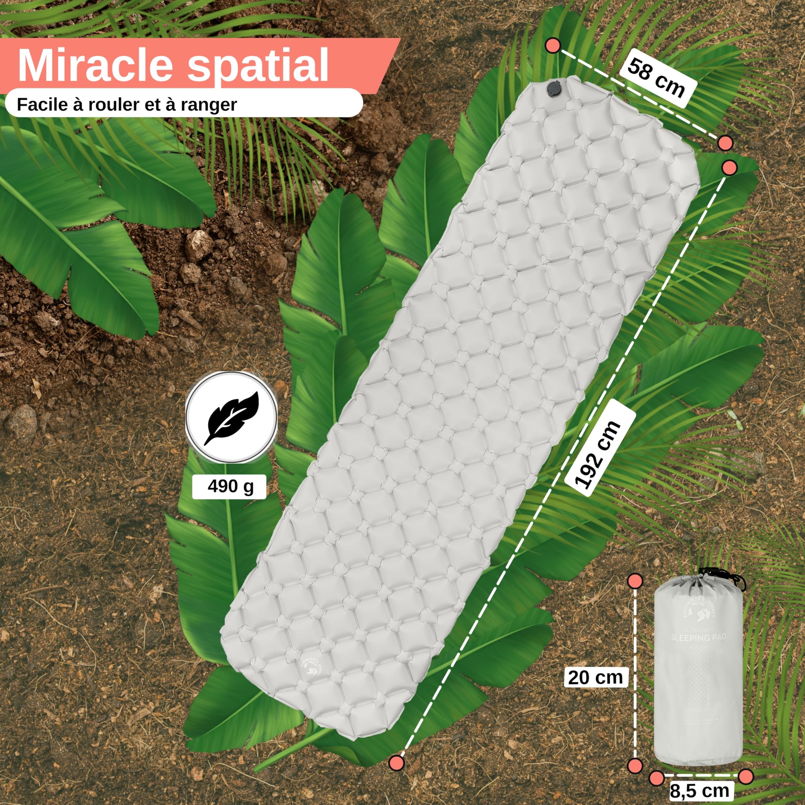 Backpacker's Journey Matelas randonnée Ultra léger – Matelas Gonflable Compact pour Matelas Camping 1 Place, idéal Trek, Bivouac, Outdoor & bikepacking