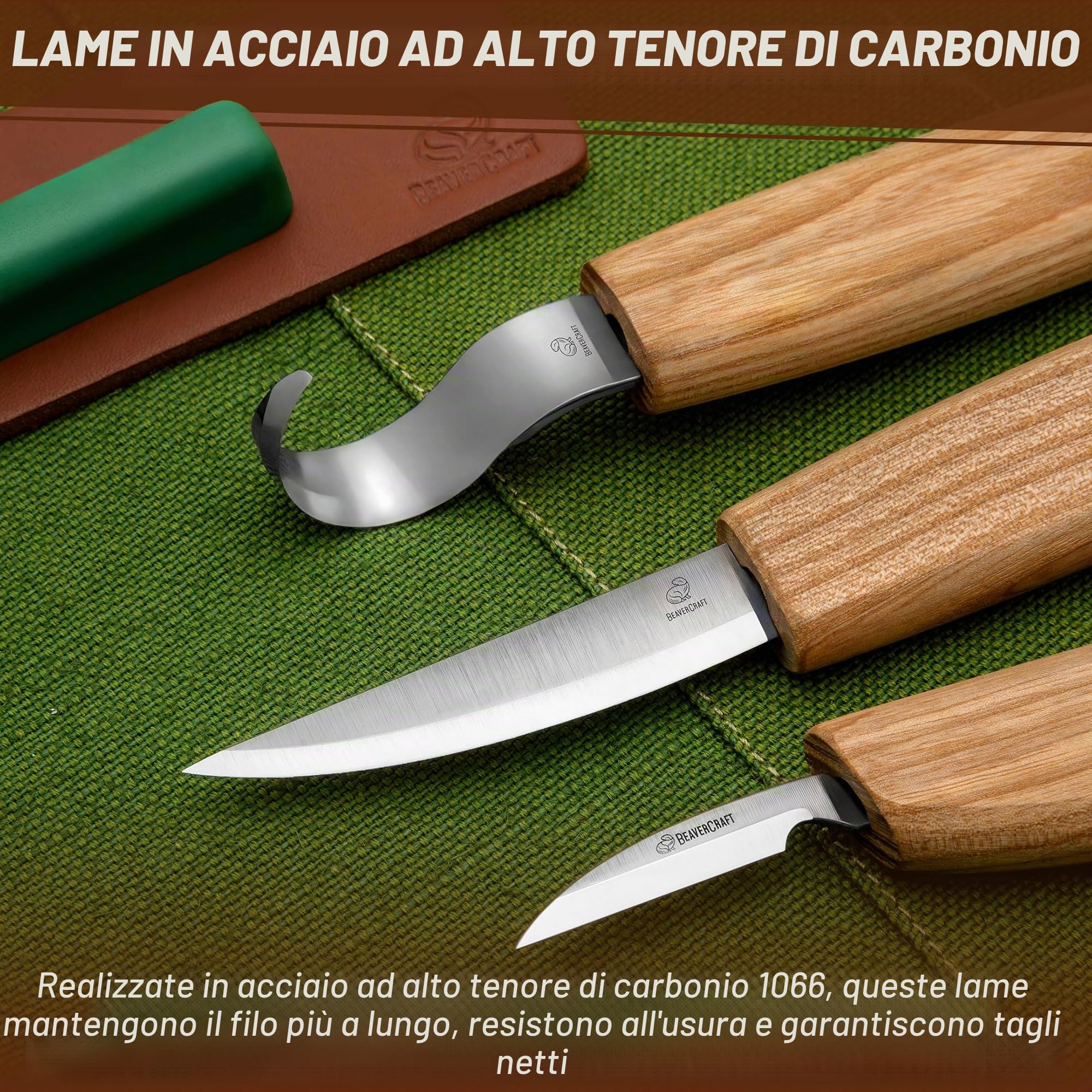 BeaverCraft S13 Kit per intaglio del legno con 3 coltelli - Set utensili per cucchiai, scultura e falegnameria, per principianti destrimani, con coltello a uncino