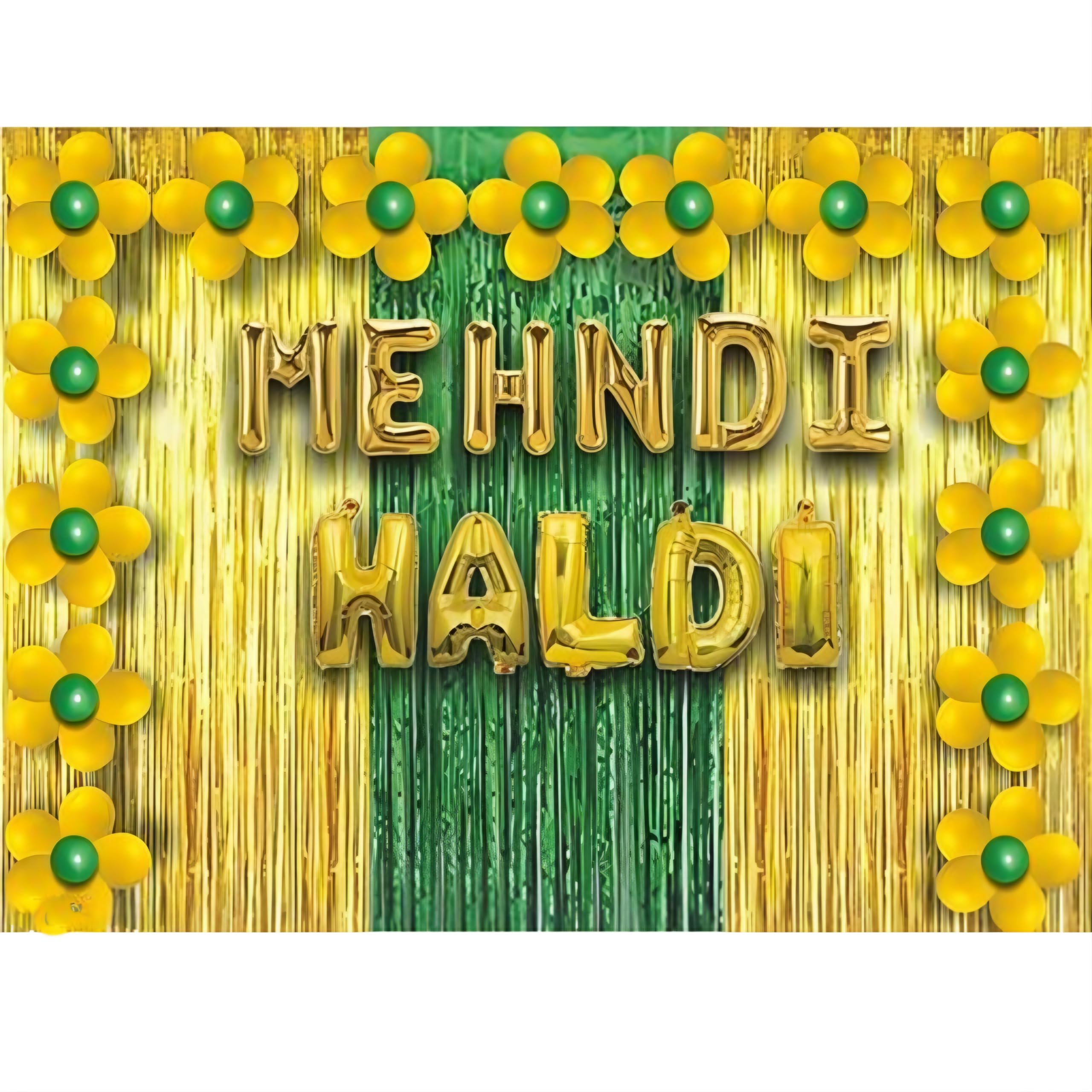 Festico Haldi And Mehandi Ceremony Decoration Pack of 44 items | Decoration Kit contains 1 Haldi and 1 Mehandi Foil Balloon, 30 Green and Yellow Balloons And 2 Golden and 1 Green Fringe Curtains