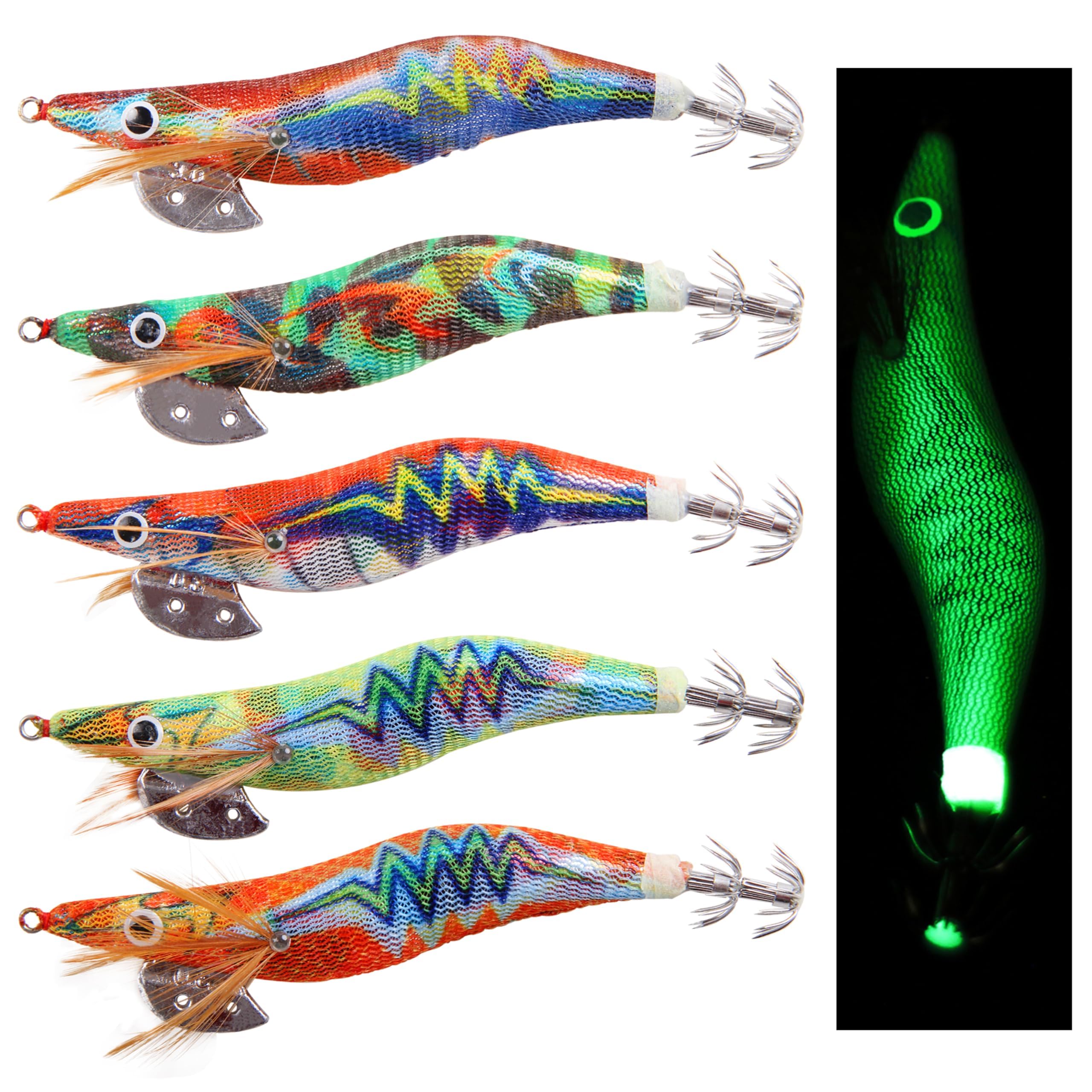 Squid Jig Luminous Fishing Lures, 5/10pcs Glow Squid Jig Lures Hard Shrimp Baits Saltwater Glow Fake Prawn Lure Sleeve for Octopus Cuttlefish (5pcs-10cm, Size 2.5#)