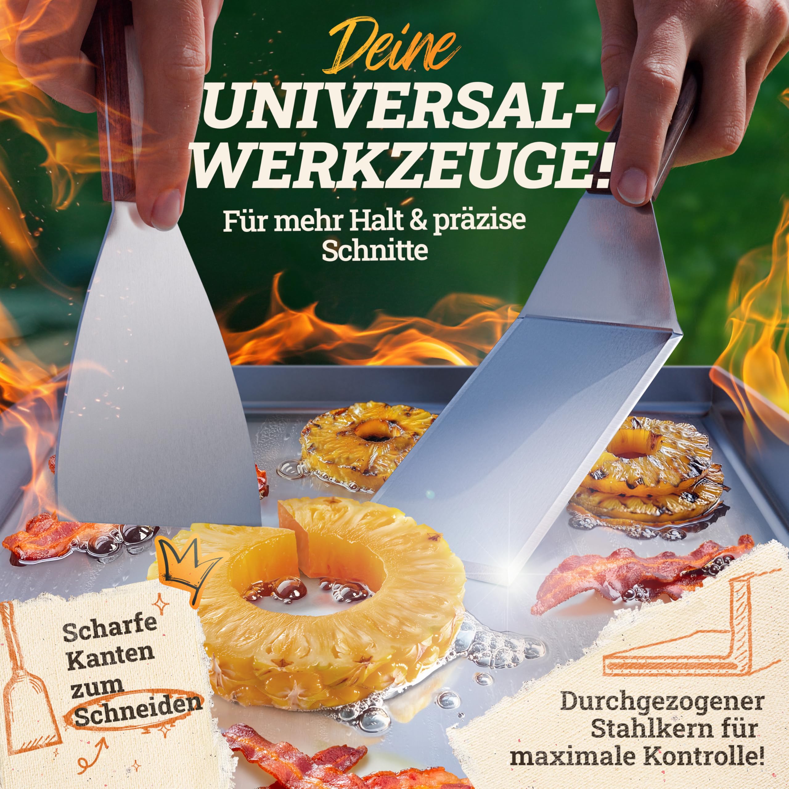 LIKAYA [BUNDLE] Plancha płyta grillowa ze stali nierdzewnej [30 x 40 cm] + zestaw do hamburgerów – 4 x szpachla do grilla i burger Smasher z uchwytem z drewna akacjowego FSC – idealne hamburgery na