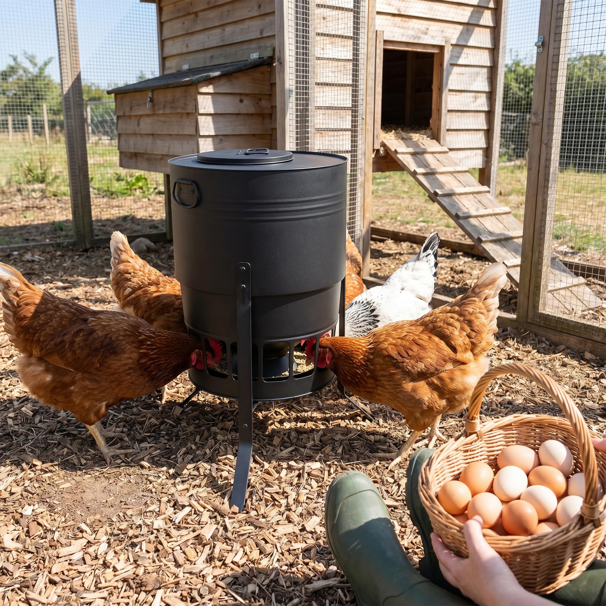 Comedero de metal para gallinas, 50 libras, con extracción, B831C04