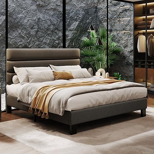 IDEALHOUSE Base de cama Queen con cabecera ajustable, tapizada de tela de lino y soporte de listones de madera, base de colchón resistente de