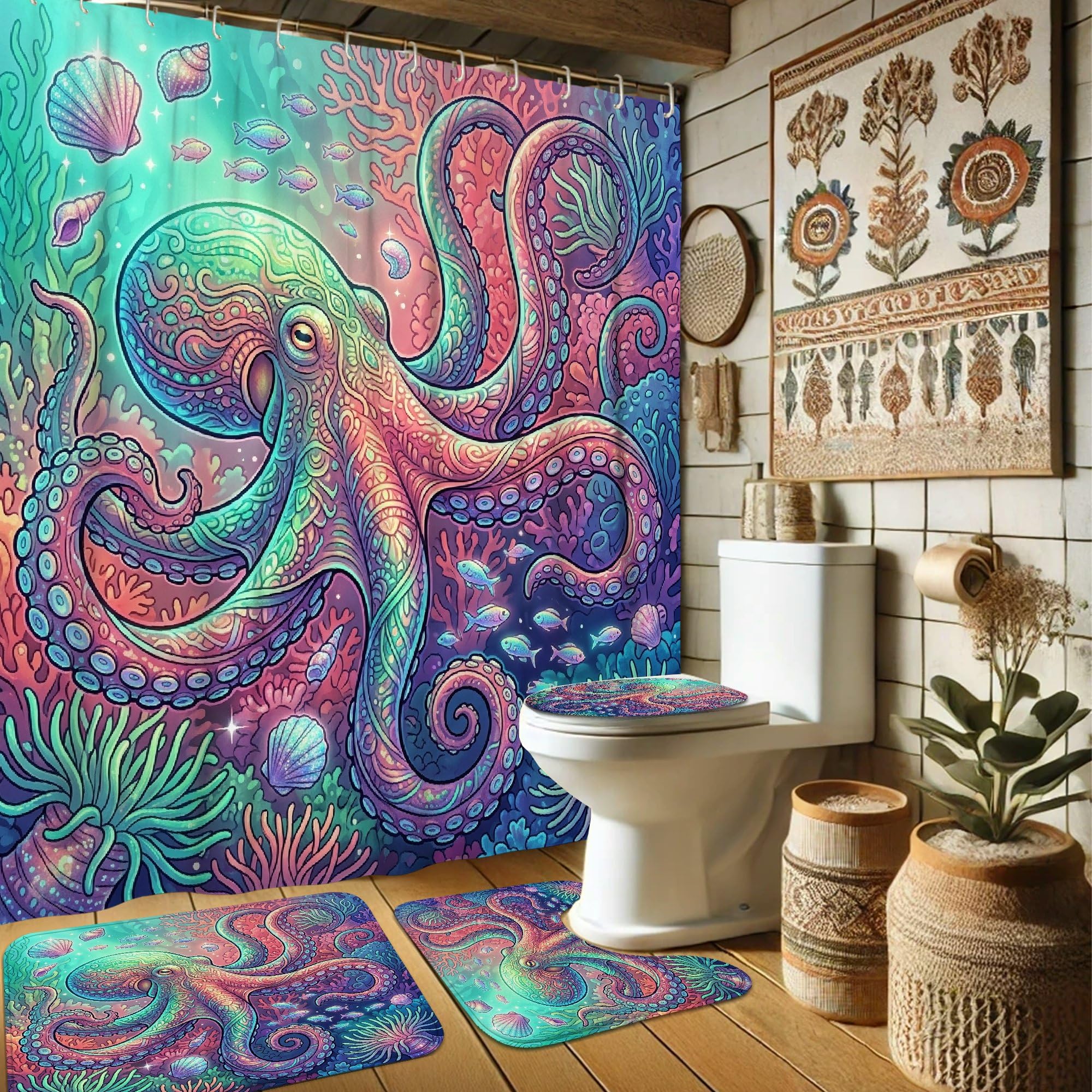 Rideau de douche 183 x 183 cm avec tapis de bain bleu motif corail et pieuvre