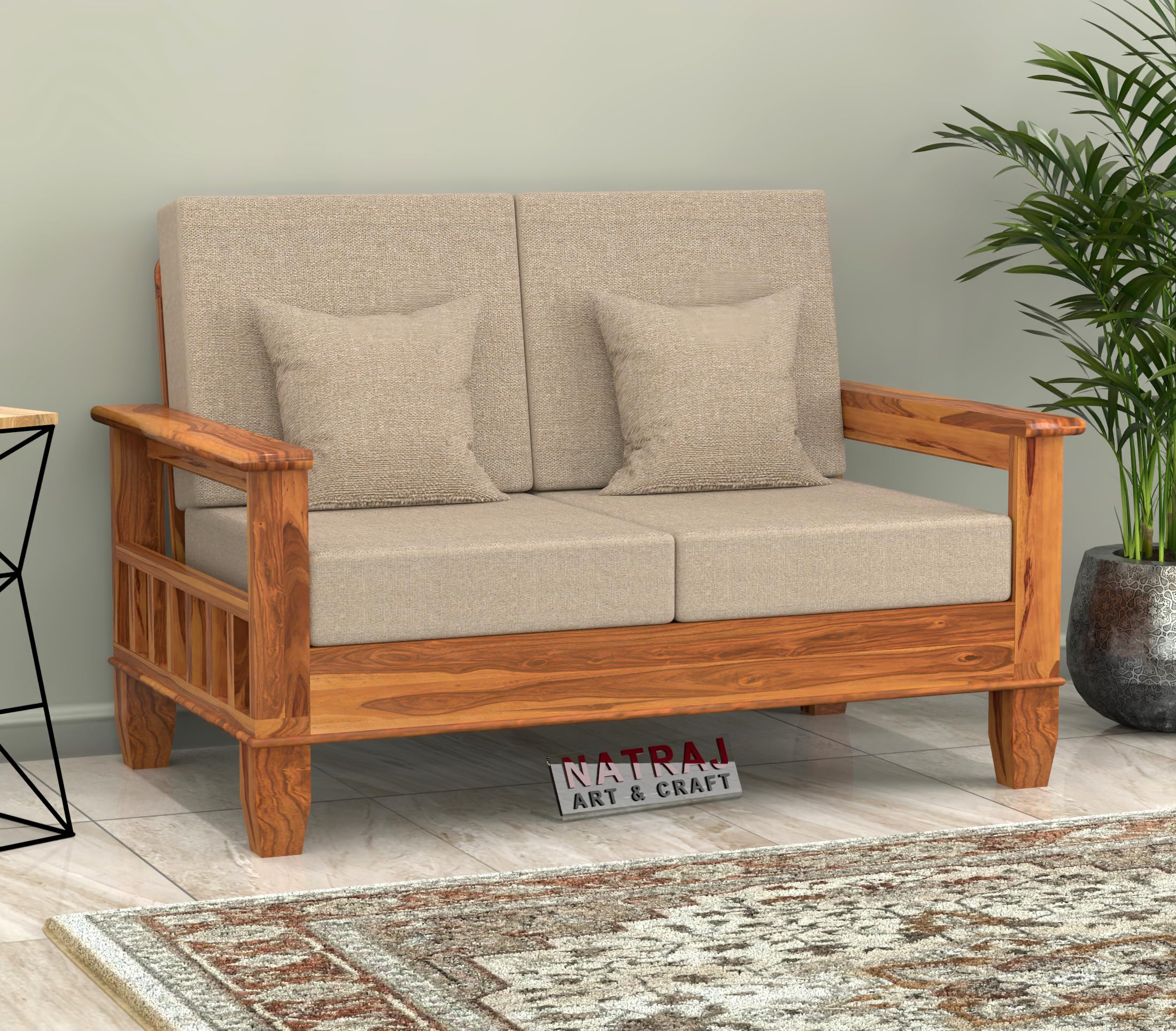 Two Seater Sofa Set with Cushions | Honey Finish | Sheesham Wood 2 Seater Sofa Set | 2 Seater Sofa for Living Room - Natural Teak Finish-image-22