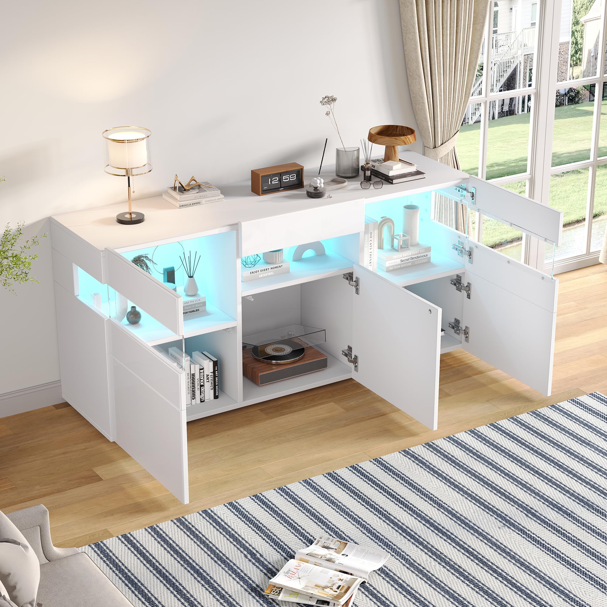 Wohnzimmer-Sideboard, Schrank mit 3 Türen und 7 Ablagefächern, Hochglanz-Wohnzimmerschrank mit LED-Lichtleiste, Allzweckschrank mit Transparentes Acrylgehäuse, 140 * 40,5 * 66,5cm, Weiß
