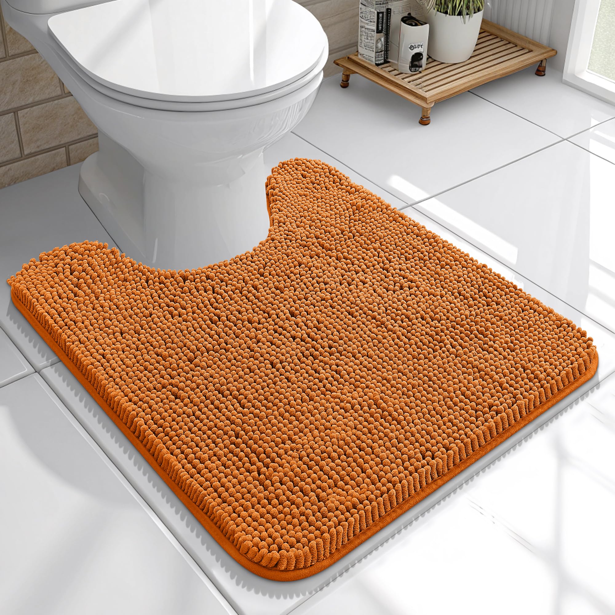 OLANLY Toilet Rugs U-Shaped 20x20, Soft Absorbent Chenille Contour Rugs | Clay, Quick-Drying Rubber Backing, Machine Washable Non-Slip Shaggy Bathroom Mat for Toilet, Home Decor Accessories