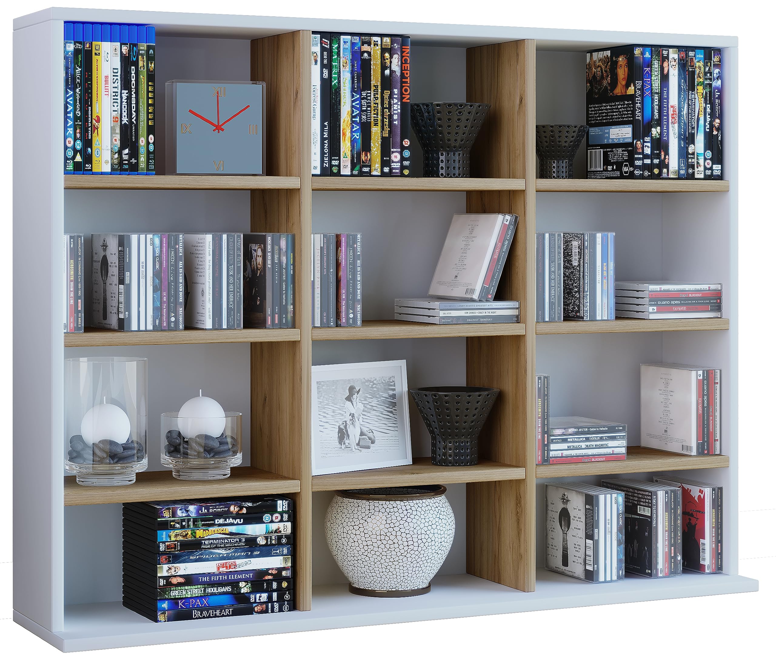 VCM Holzregal stehend, platzsparender CD-Schrank für 480 CDs oder 224 DVDs, Maße:H. 82 x B. 102 x T. 23 cm, Elegantes DVD Regal stehend, Blu-Ray Regal, CD Regal Megosa L