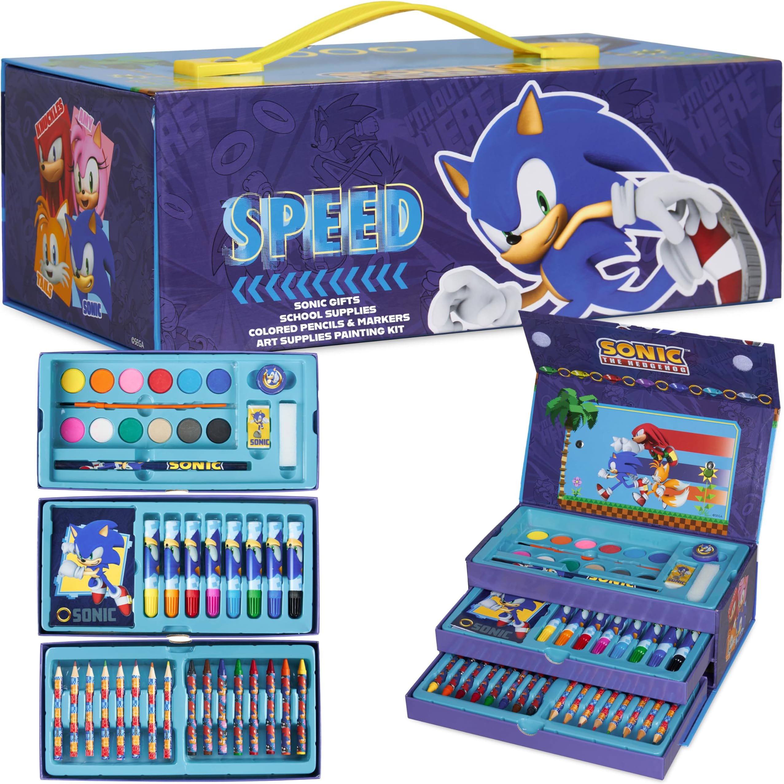 Sonic The Hedgehog Art Set for Girls Boys Colouring Sets for Children 40 Plus Pieces Travel Set Carrying Handle Painting Sets for Children Art Supplies Gifts for Boys