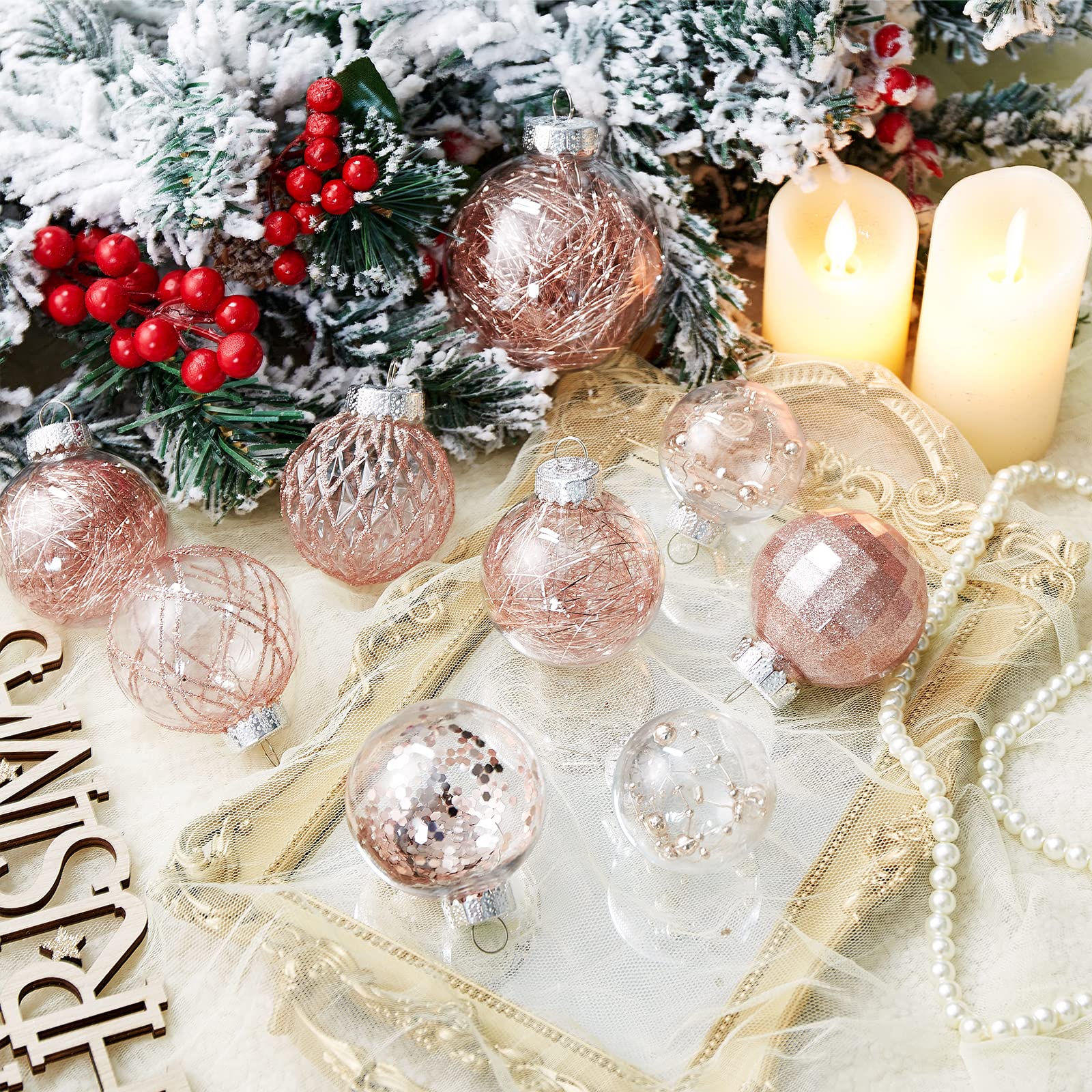 Bolas de Navidad de 30 quilates, 60 mm/2.36 pulgadas de plástico transparente inastillable, bolas de Navidad con relleno delicado brillante, decoración de árbol de Navidad colgante (oro rosa)