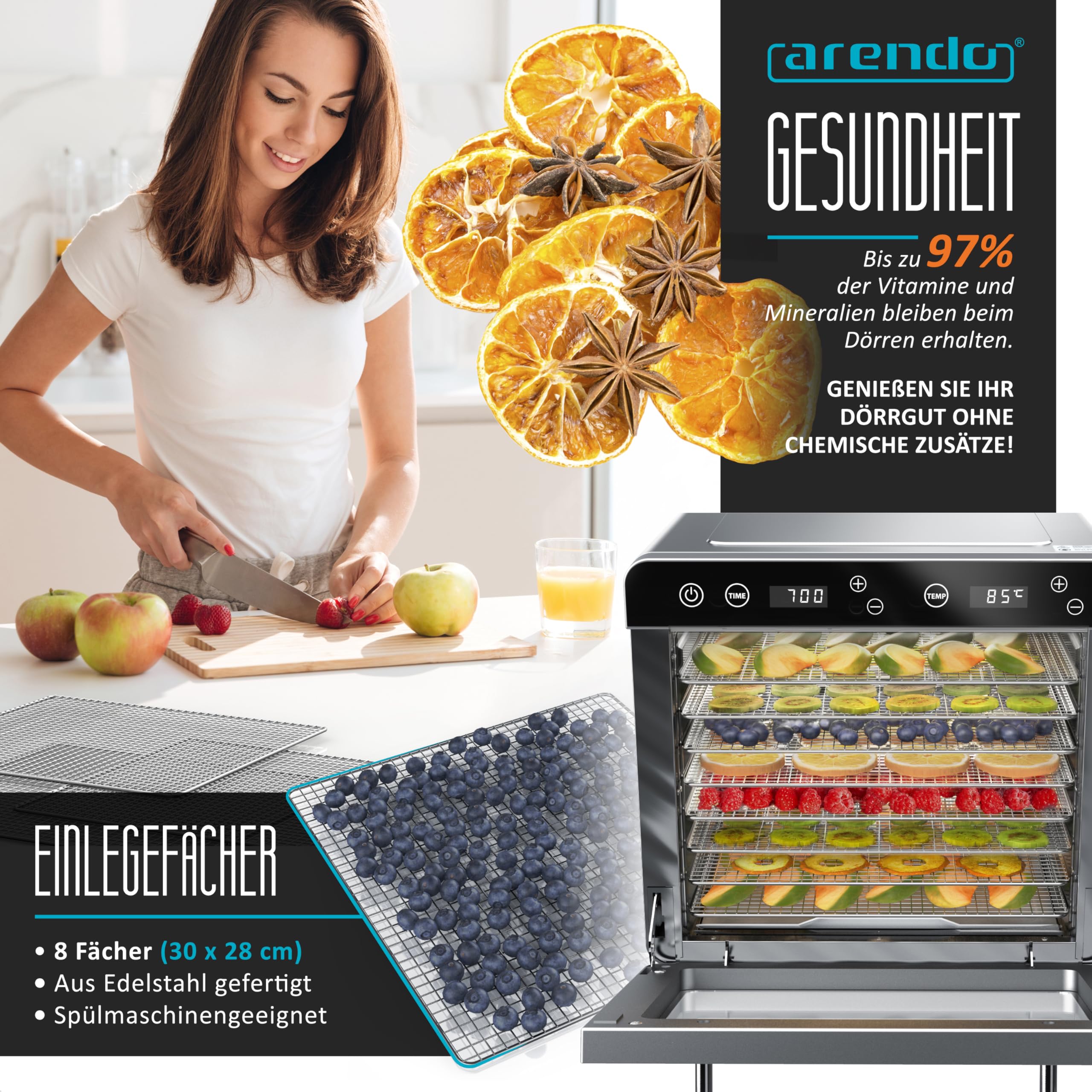 Arendo - Dörrautomat Edelstahl mit 8 Edelstahlgitter - 700 W - 35°-85°C - 8 Edelstahl Einlegetabletts mit insgesamt 6700 cm² - Dörrgerät Dehydrator Obsttrockner Dörrapparat - Obst Fleisch Pilze uvm