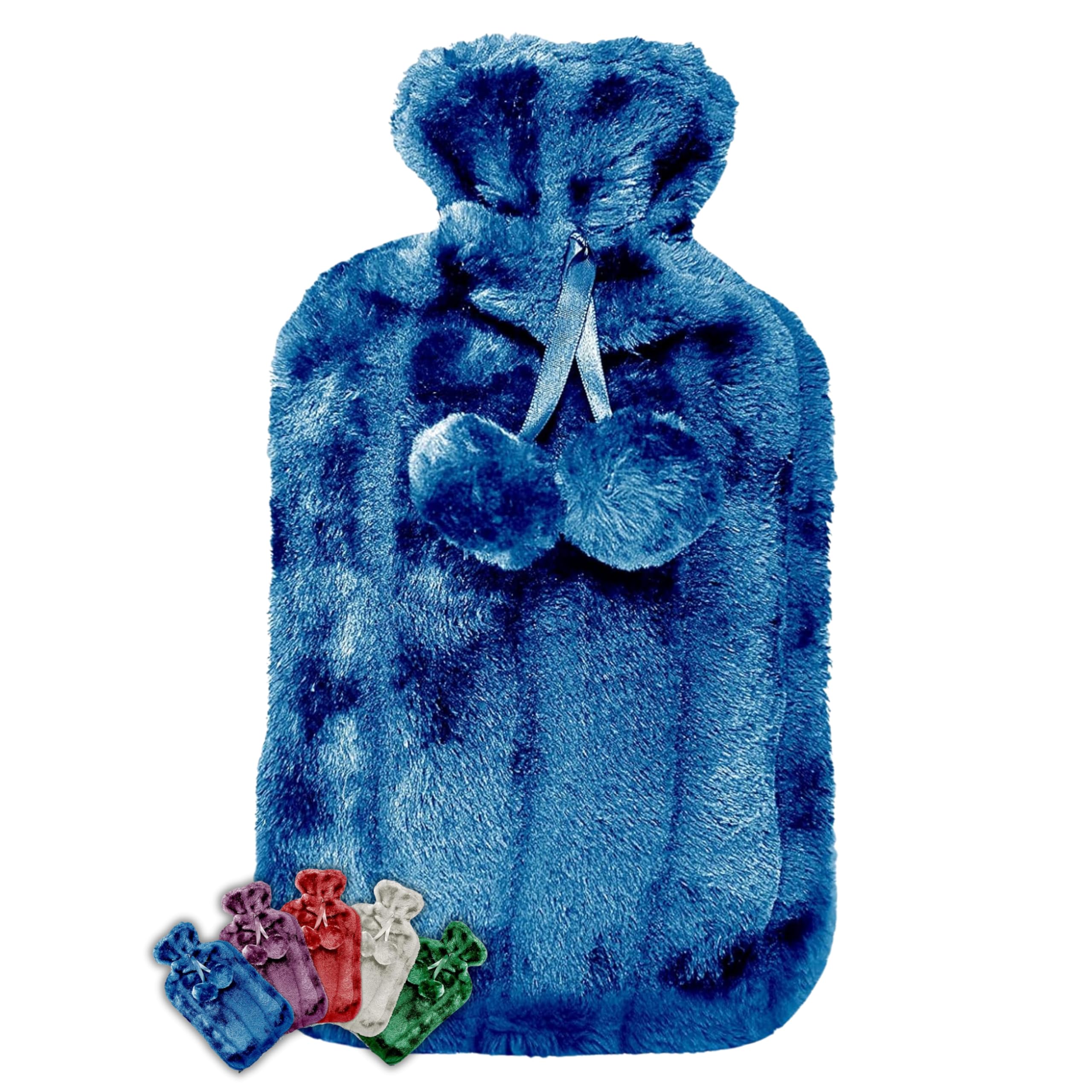 Life Royal Blue Healthcare Large Hot Water Bottle With Cosy Fur Cover And Pom Poms. 1.8 Litre Capacity Relieves Body Aches And Pains