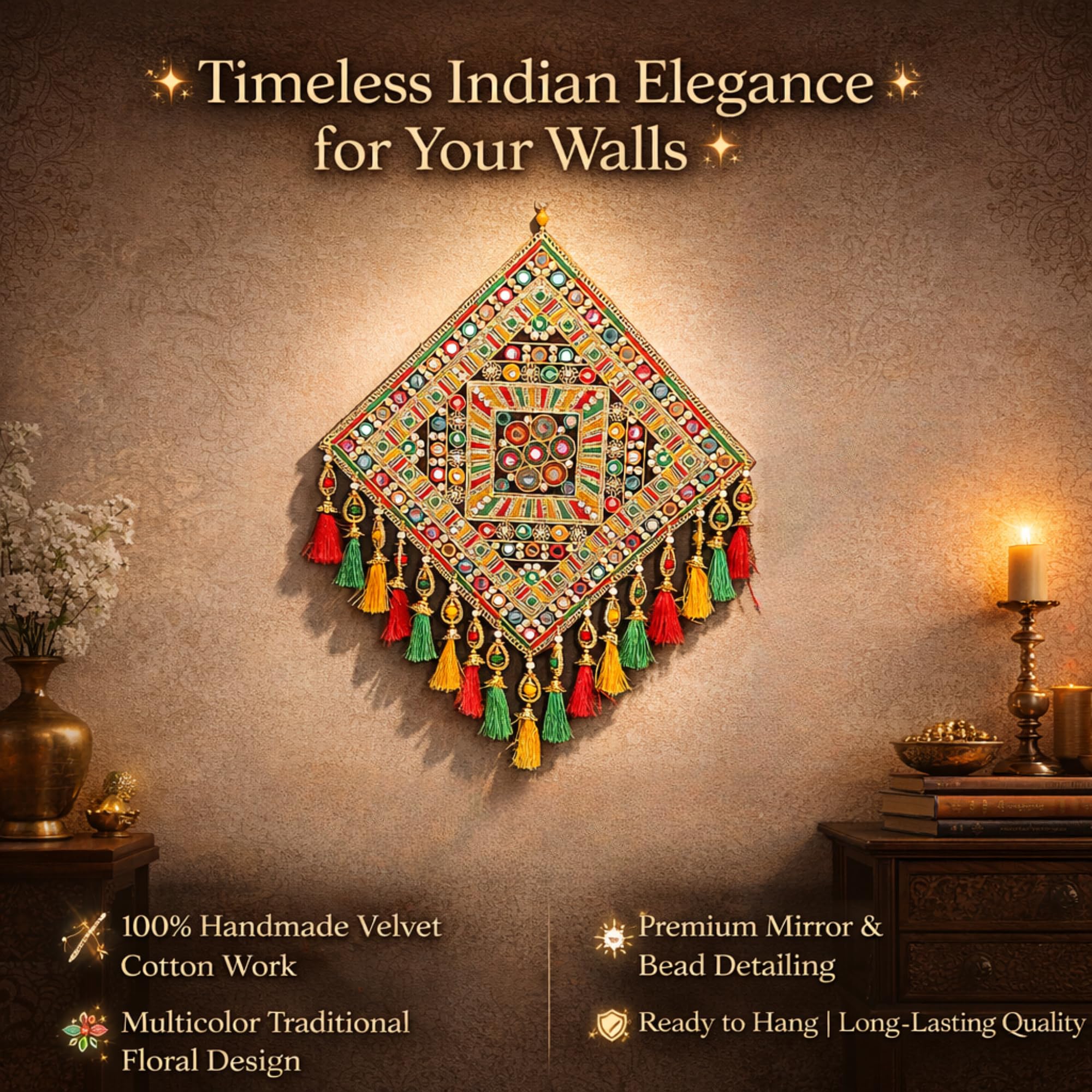 DK trades Gujrati Woollen Threads Art Hanging for Living Traditional Rangoli Design Room Decoration Item for Home, Modern Decor Items, Wall Hanging for Office and Bedroom 3