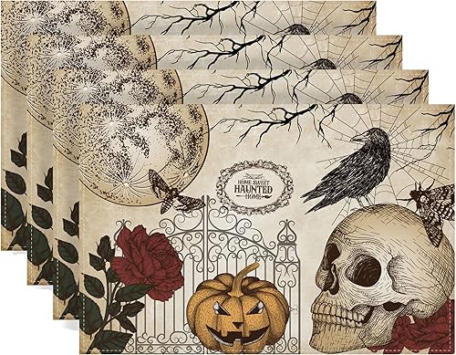 Manteles individuales retro de Halloween, diseño de calavera gótica, Día de los Muertos, decoración y suministros de Halloween para la mesa de la