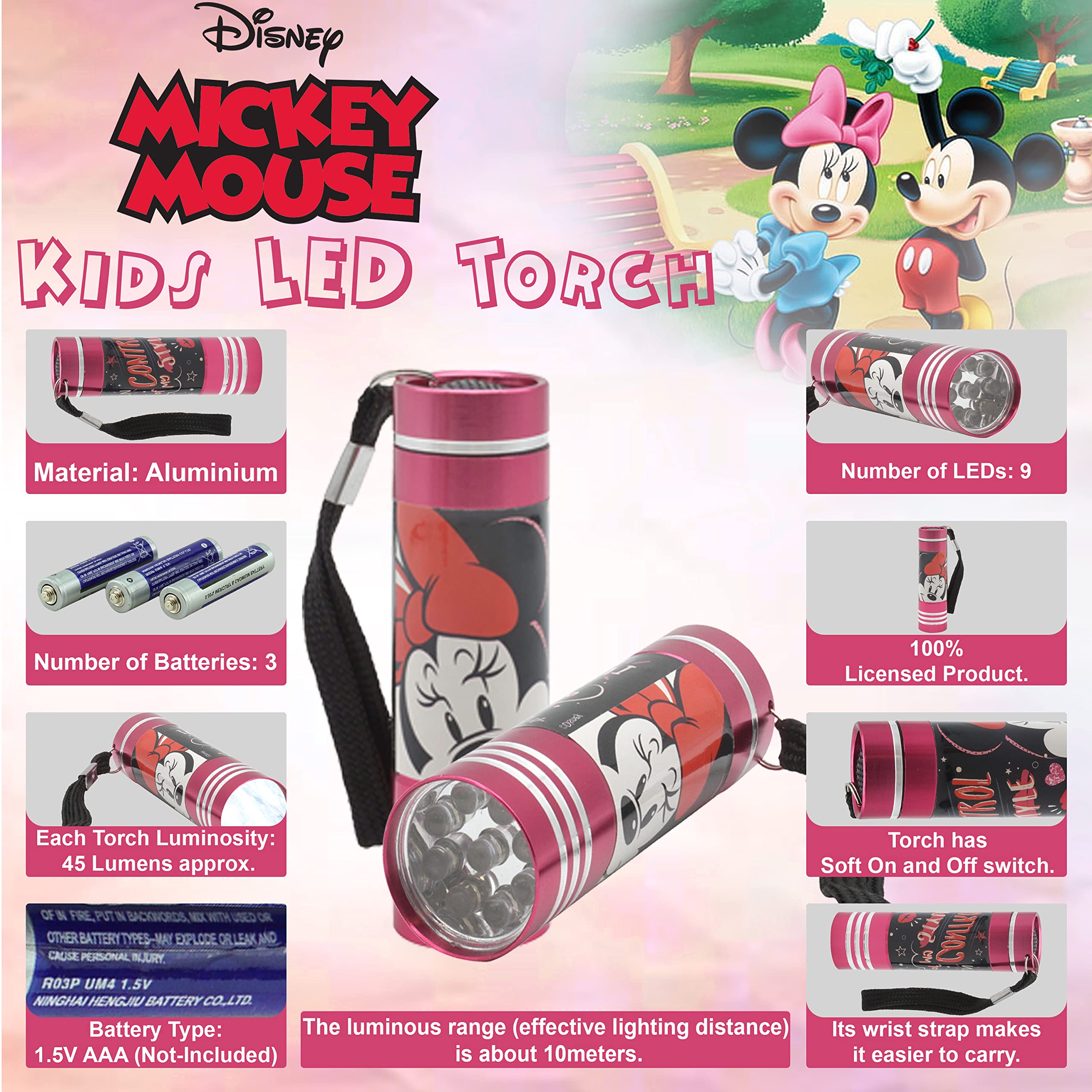 Lampe Torche Minnie Mouse Rouge LED – Petite Lampe De Poche Aluminium Pour Enfants (dès 3 Ans), Idée Cadeau Anniversaire Noël