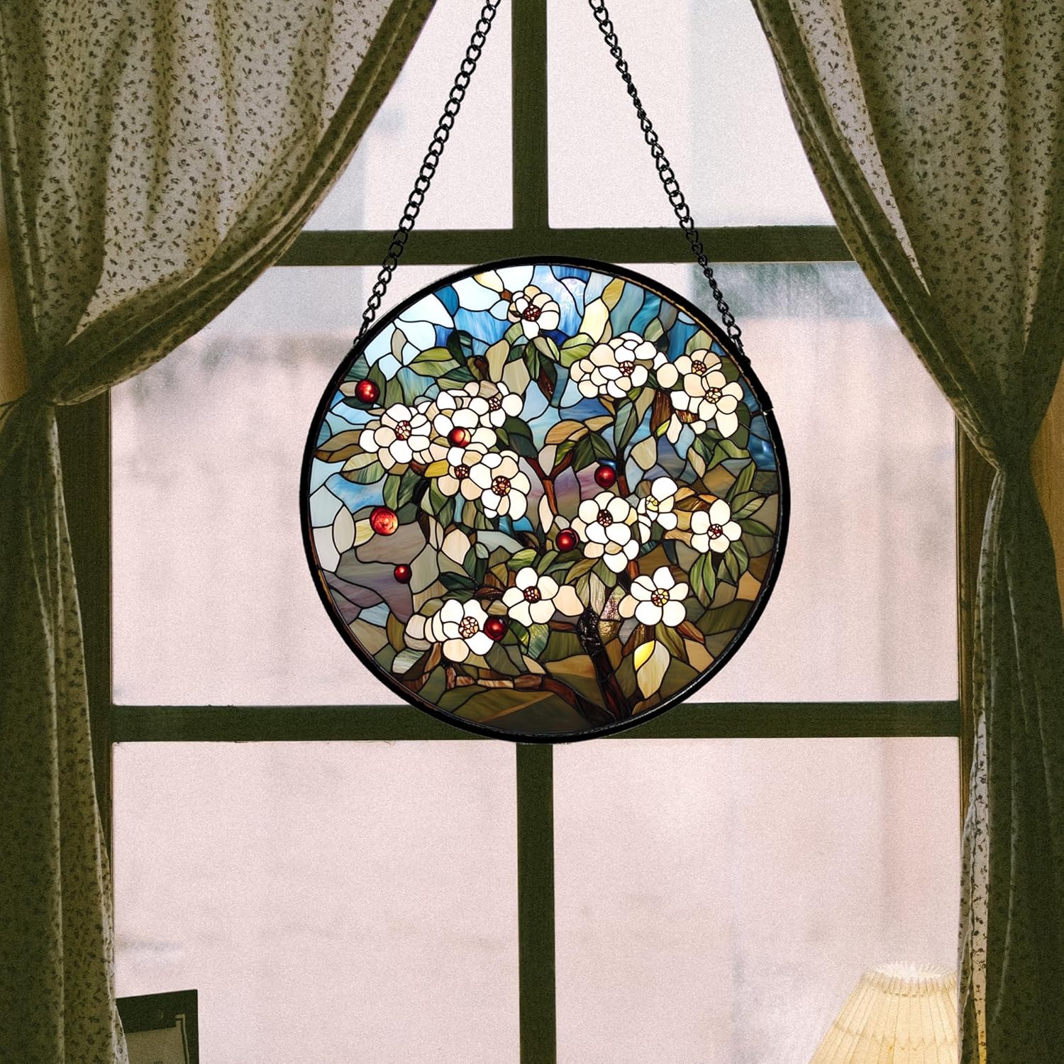 Stained Glass Window Hanging - Dogwood Flowers Suncatcher for Door Garden Home Decor Retro Plants Sun Catcher Birthday Mother's Day for Lovers Friend Women Mom Nana 11.8 in