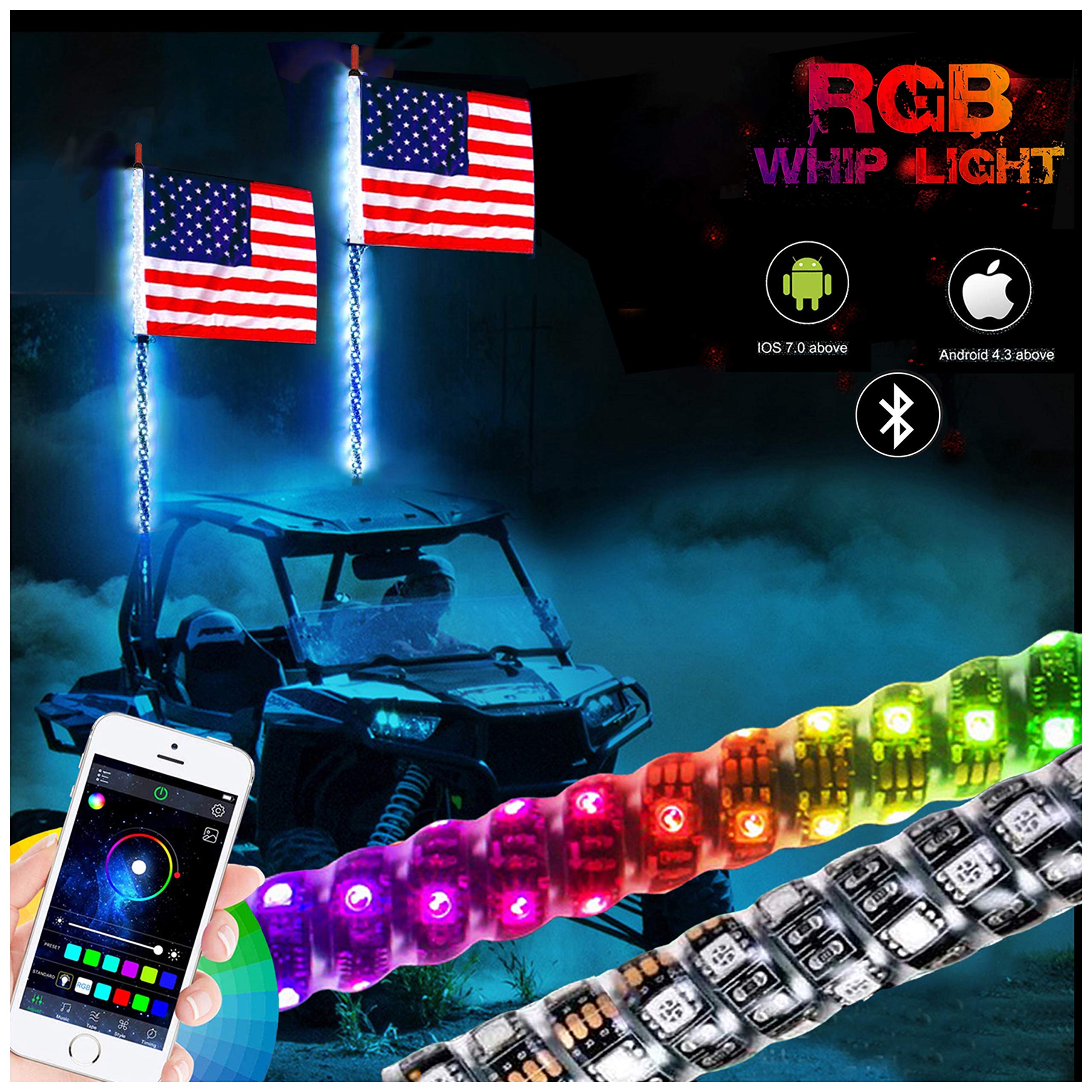 Buy NBWDY 2PC 3FT RGB LED Whip Light with APP Control 360°Spiraling