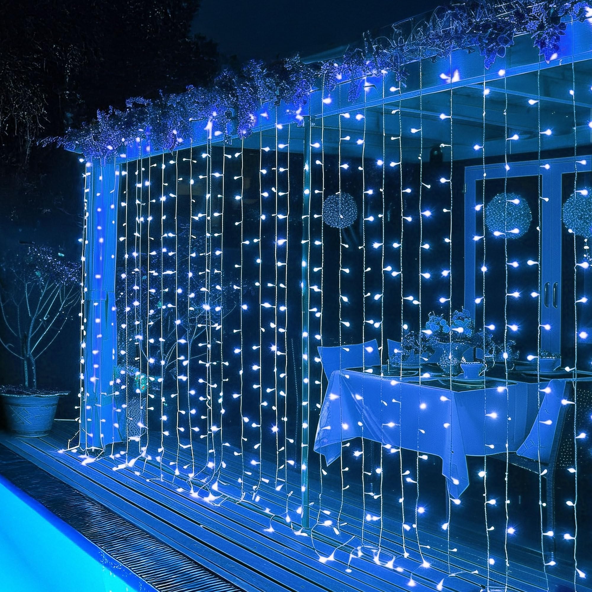 Dazzle Bright 300 LED Curtain String Lights, Christmas Fairy Lights for Bedroom with 8 Lighting Modes, Connectable Waterproof Window Lights Party Wedding Garden Wall Decor, Blue