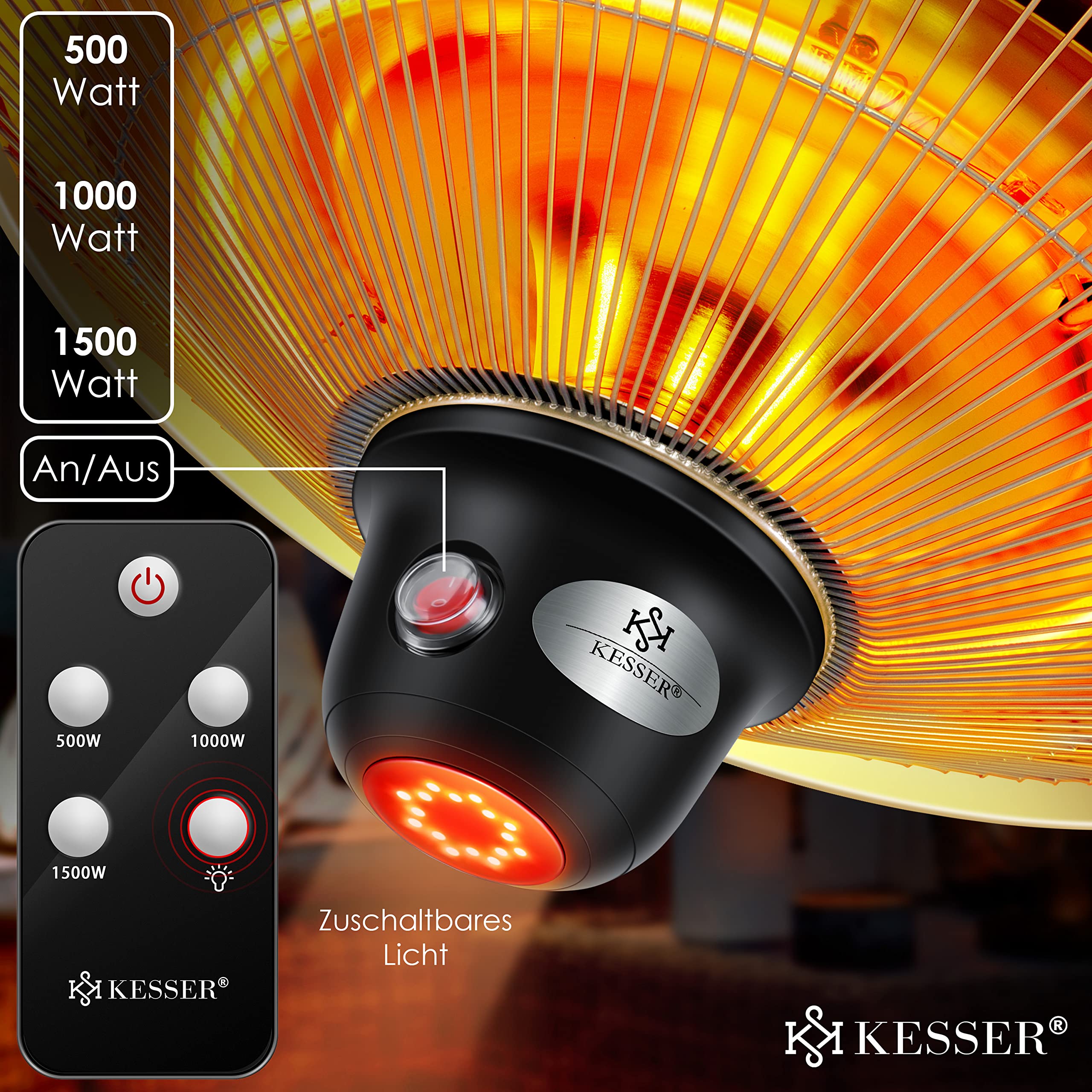 KESSER® Riscaldatore radiante a soffitto con telecomando, Riscaldatore per patio, infrarosso, riscaldatore, radiatore a infrarossi, radiatore di calore, patio, radiatore al quarzo, potenza: 1500W