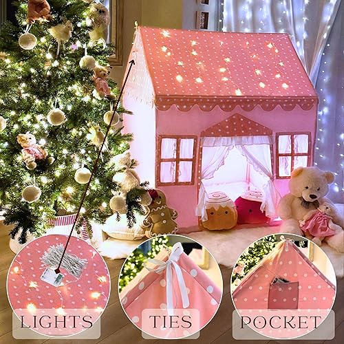Miniatura 4 de Tienda de campaña grande de algodón para niños, casa de juegos interior de 50 x 43 x 63 pulgadas con marco de madera y luces de batería, tienda de