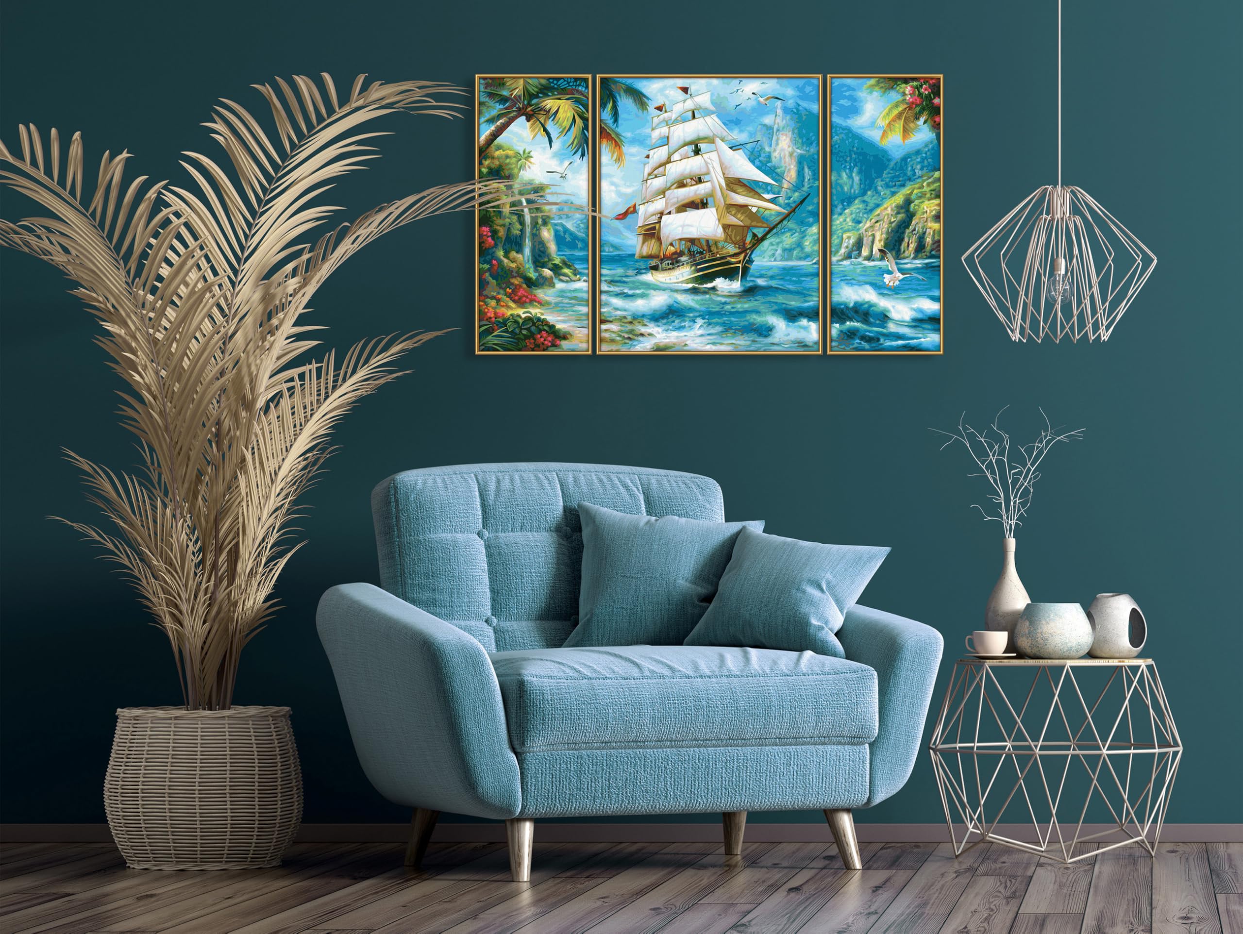 Schipper 609260927 Dipingere con i numeri – Nave a vela nel Mare del Sud – Pittura per adulti, compresi pennelli e colori acrilici, trittico, 50 x 80 cm