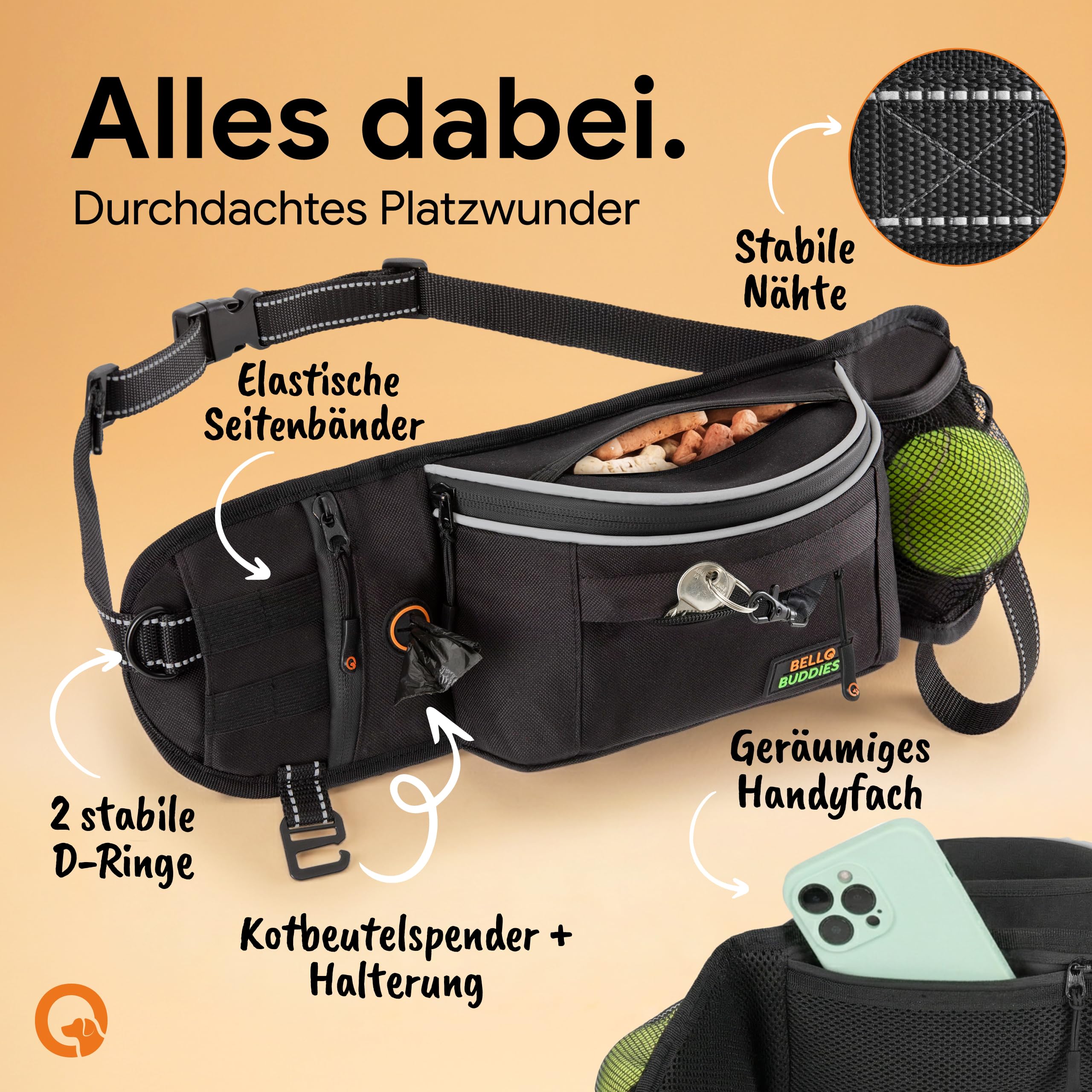 Leckerlitasche für Hunde I Bauchtasche mit Schnellzugriff inkl. wechselbarer Innentasche & Leinenhalter I Futterbeutel Hundetraining I Gassi Tasche Hund I Futterbeutel Hund Schwarz