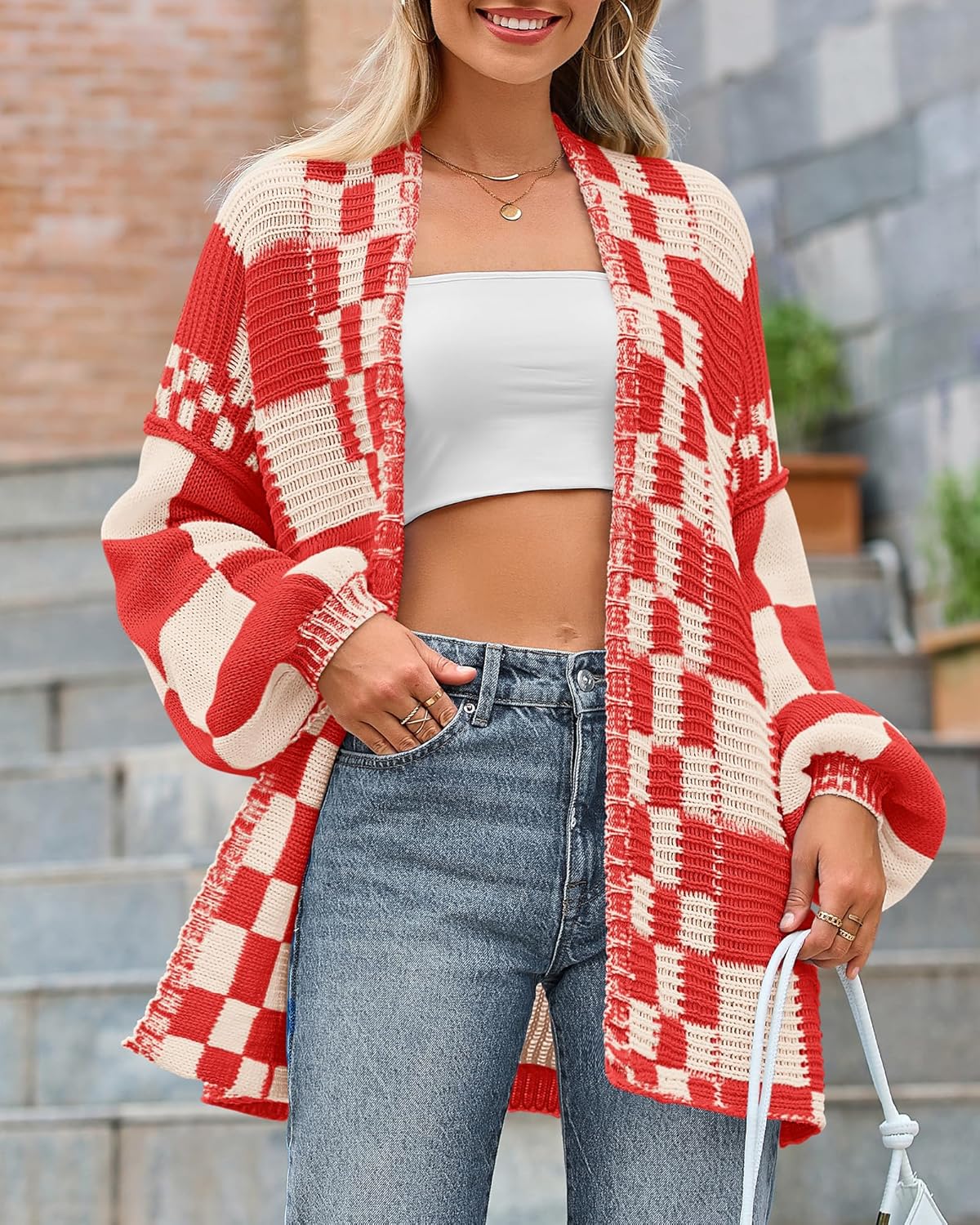 BTFBM Casual Cardigan Sweater for Women Fall 2026 Long Sleeve Open Front Chunky Knit Sweaters Checkered Outwear Coat - Image 3