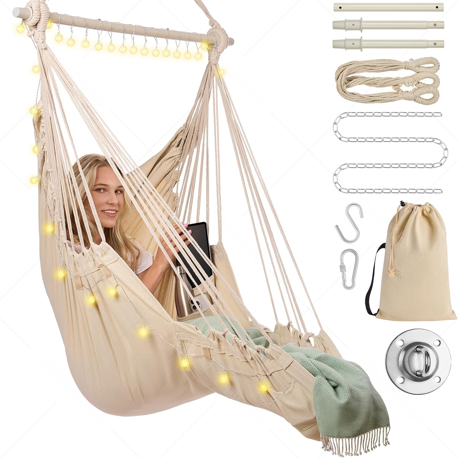 Hammock Swing Chair | Breathable Cotton Hanging Seat w/LED String Lights, 6 Pockets | Hammock Chair Swing to Sit on or Lie in | Full-Set Room Swings Kit w/Setup Hardware Included (Beige)