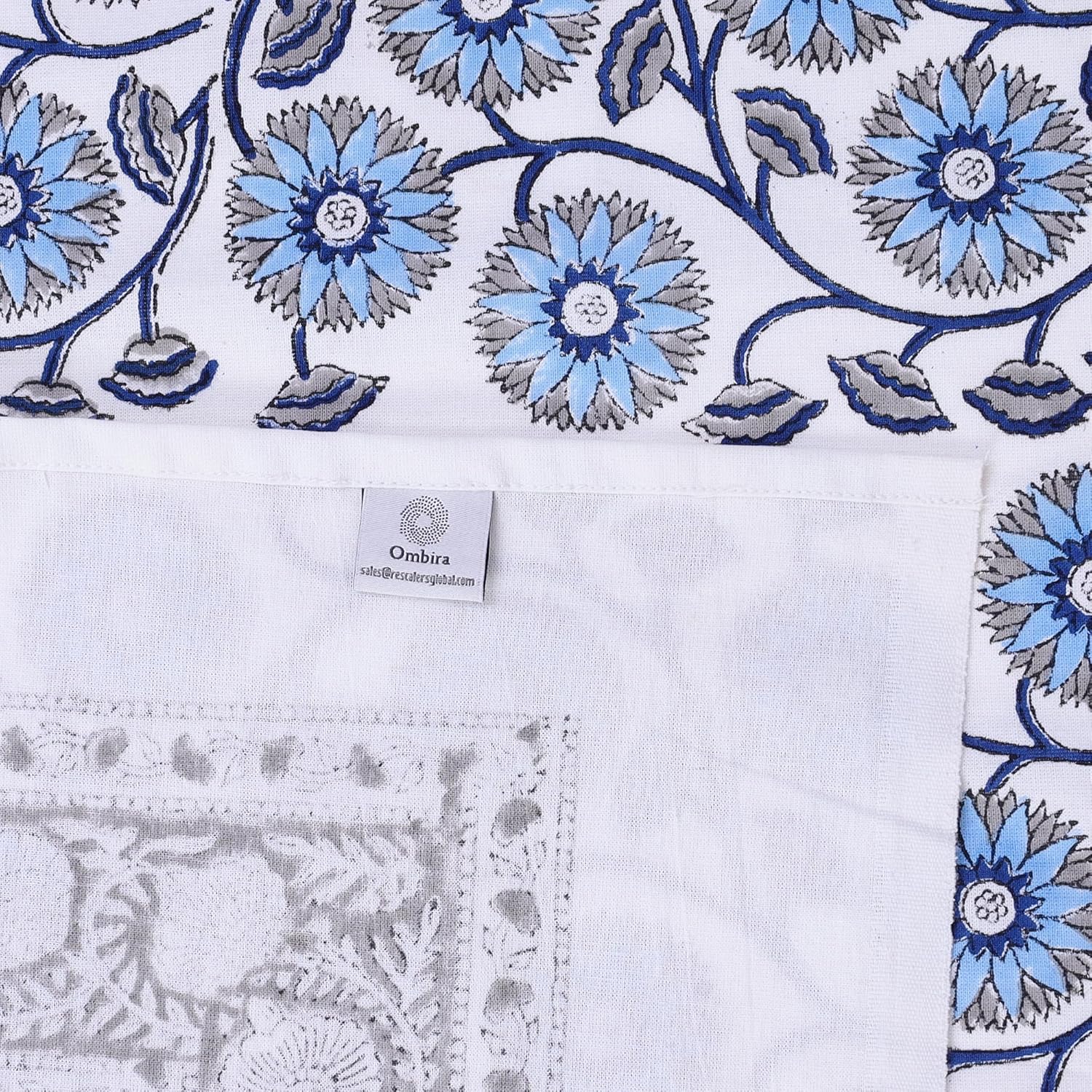Tablecloth 100% Cotton 60 x 60 Inch Rectangular Indian Block Print Table Cover, Hand Block Printed Floral Tablecloth for Dining Table, Wedding Party & Everyday Use – White Blue Grey