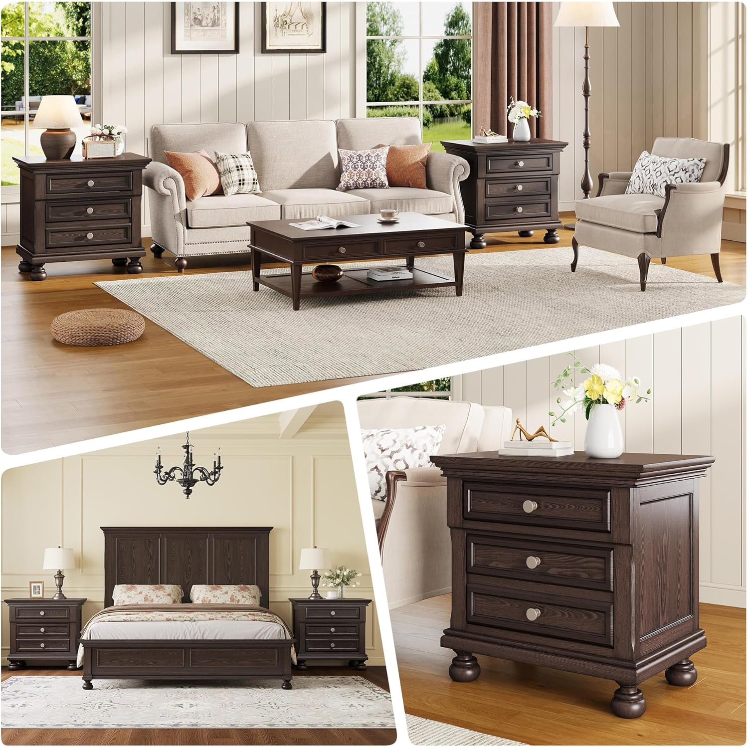 AMERLIFE Fully Assembled Nightstand, Solid Wood End Table with 2 Storage Drawers, 26" Extra Large Traditional Bedside Cabinet for Bedroom, Dark Brown