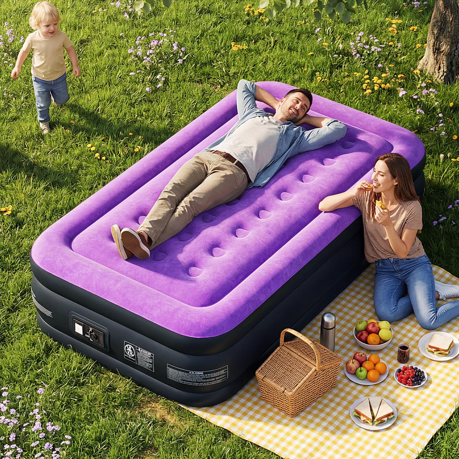 Bonnlo Single Air Bed, Inflatable Mattress with Built-in Electric Pump, Air Mattress Self Inflating,190x99x46cm Flocked Surface, 150kg Capacity for Outdoor Camping & Guest Use (Purple/Grey)