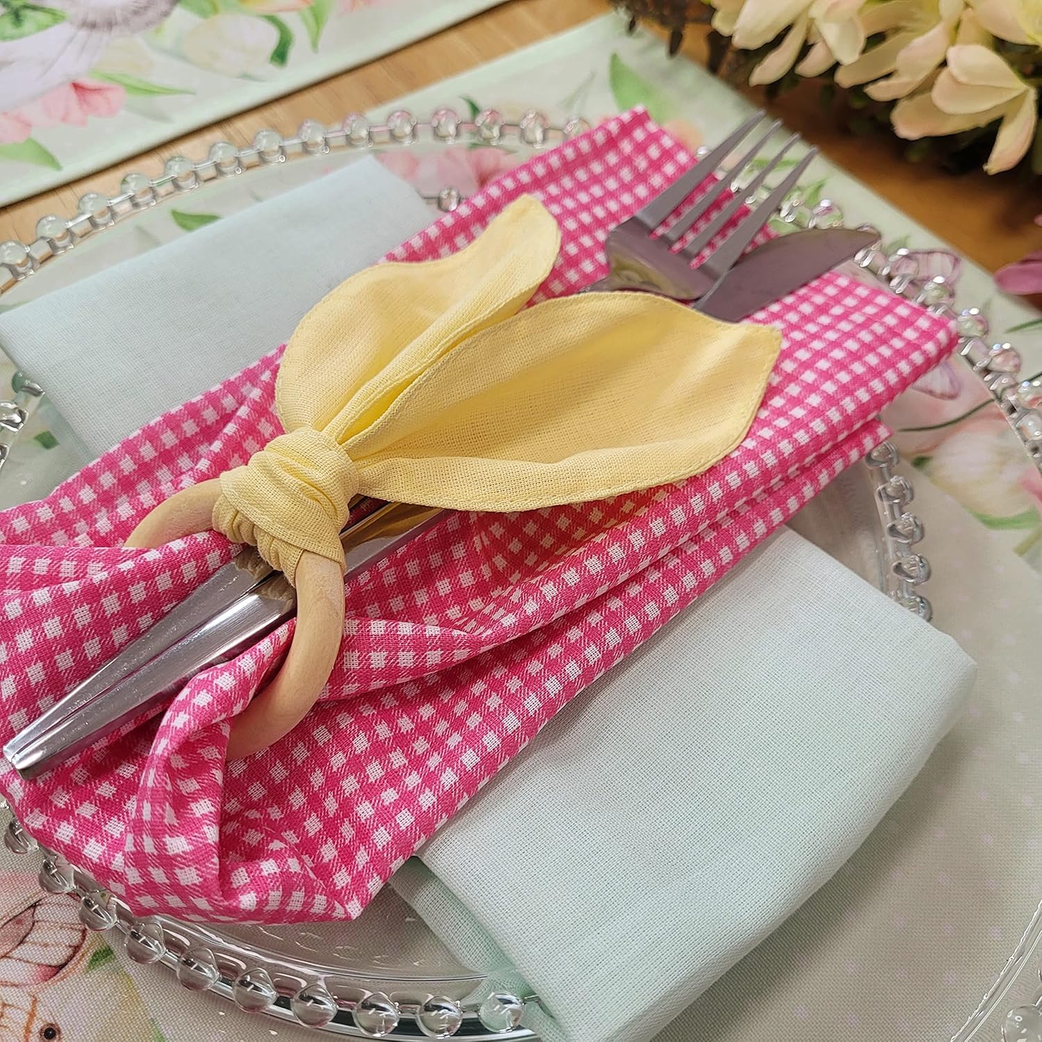Set of 4 Pastel Yellow Fabric Bunny Ears Napkin Rings