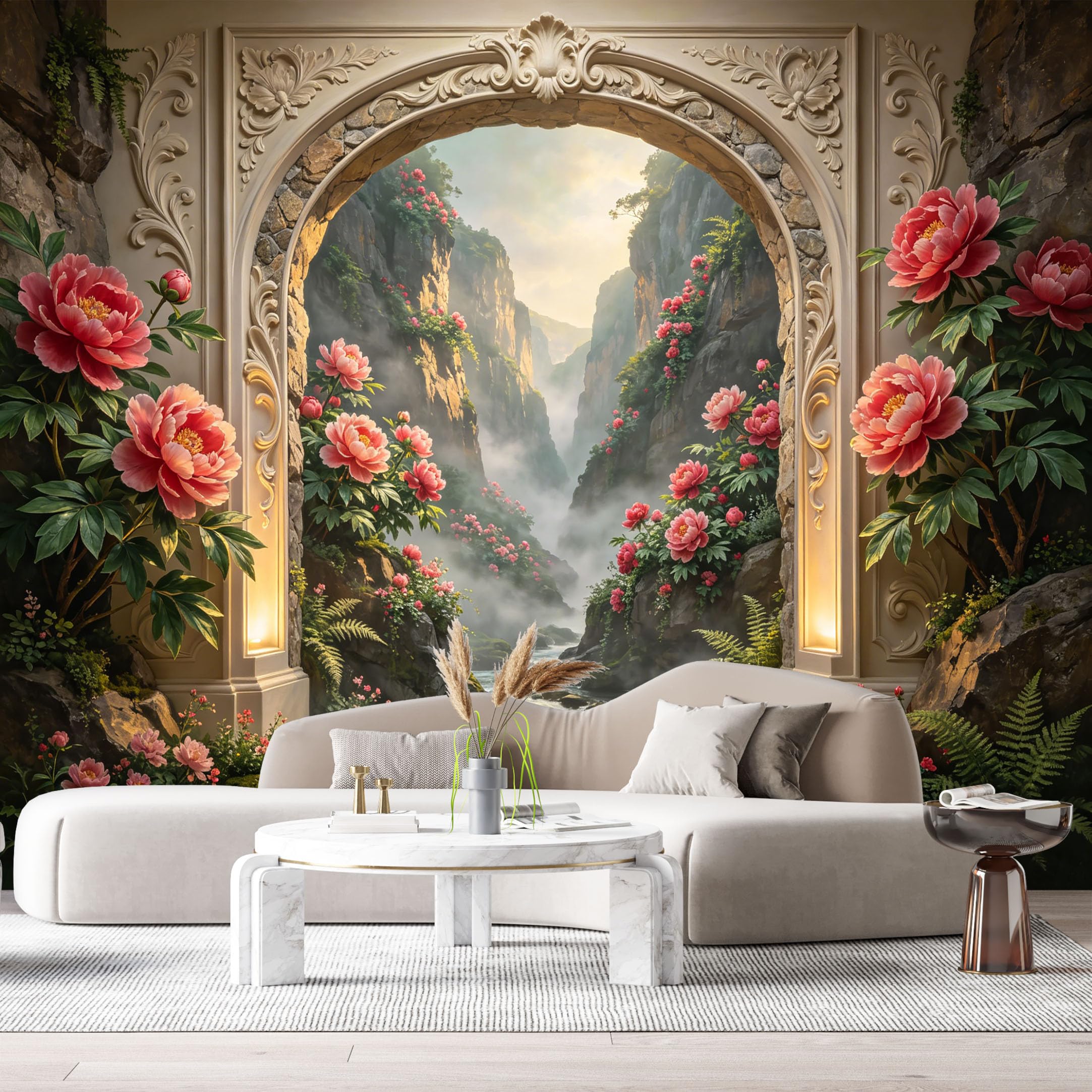 Custom Size Wall Murals Neoclassical Arch Flower Valley Mountain River 3D Trompe L'Oeil SelfAdhesiveWall Fabric Removable Wallpaper Wall Decor for Living Room Bedroom Bathroom