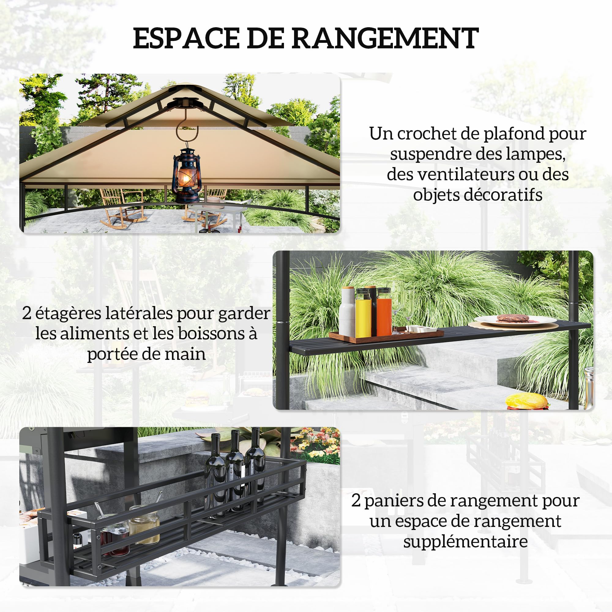 Outsunny Tonnelle de Barbecue Extérieur Abri 240x150x257cm Beige | Auvent de Réception Jardin, Crochet au Plafond, Étagères et PaniersLatéraux, Structure Métal Galvanisé