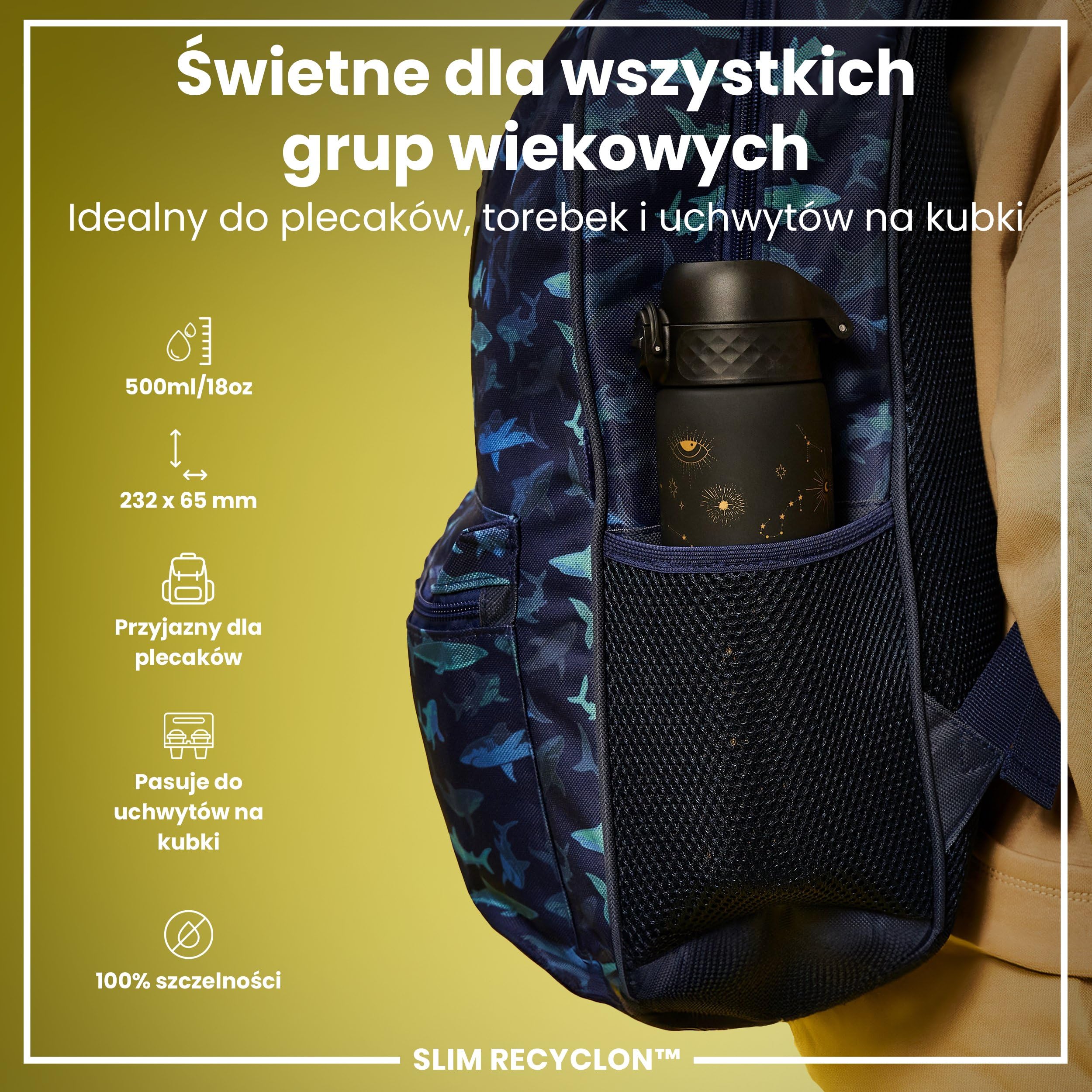 ION8 Butelka na Wodę, 500 ml/18 oz, Szczelna, Łatwe Otwieranie, Bezpieczny Zamek, Można Myć w Zmywarce, Bez BPA, Higieniczne Pokrycie, Uchwyt do Przenoszenia, Łatwa Czyszczenie, Kosmiczny Wszechświat