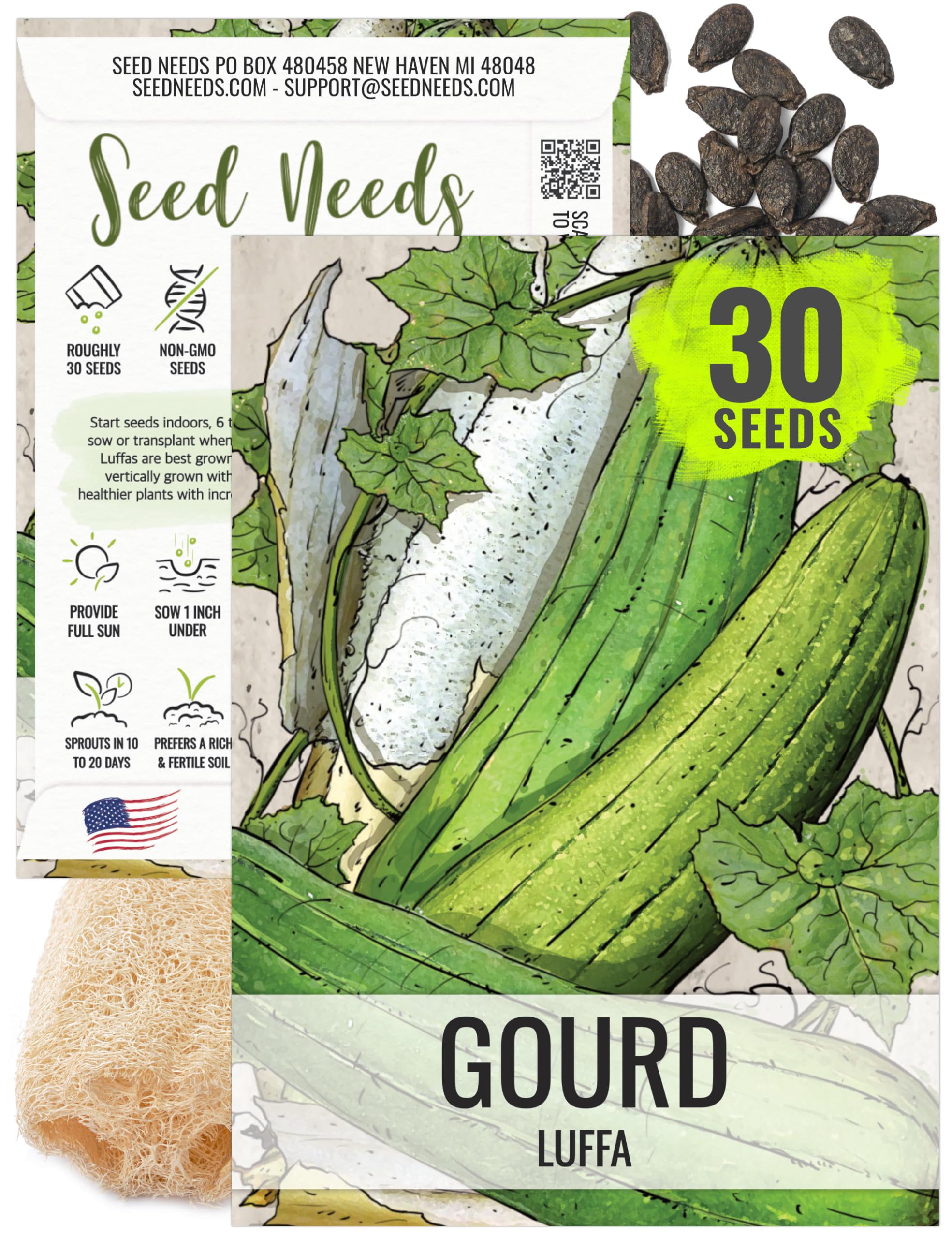 Seed Needs Luffa Seeds for Planting Loofah Sponge Gourds - Non-GMO Heirloom & Untreated Veggie Seed to Plant a Home Grown Outdoor Vegetable Garden (1 Pack)