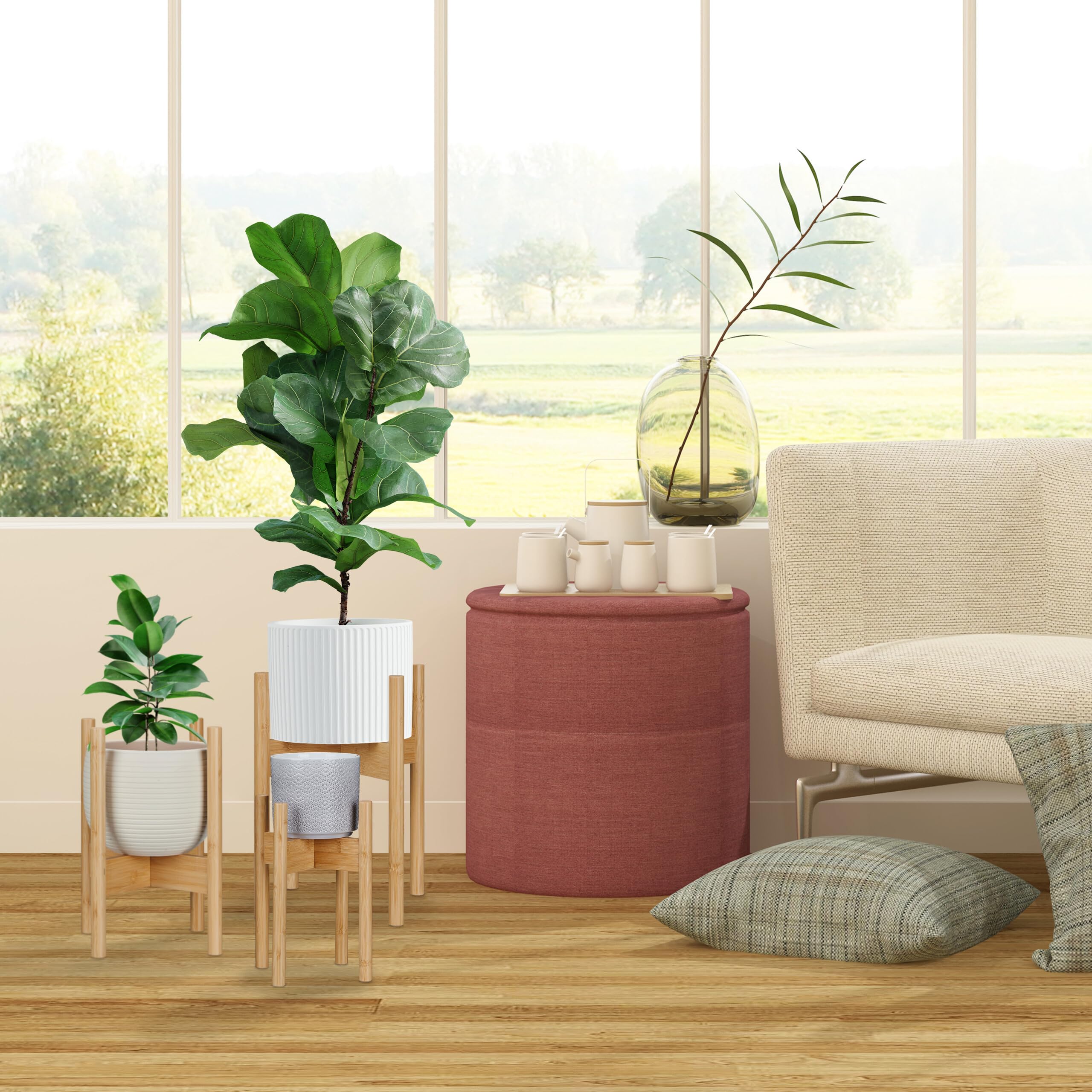 Relaxdays Supporto per Fiori e Piante in Vaso da D: 29 cm, Set da 3 Portavasi, Fioriere da Interno, in bambù, Naturale