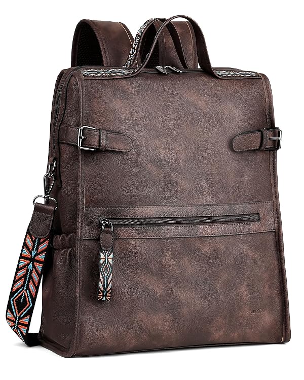 FADEON Leather Laptop Backpack for Women, Designer Ladies Work Travel Computer Backpack with Laptop Compartment Coffee Brown by FADEON - Used condition - US$37.54