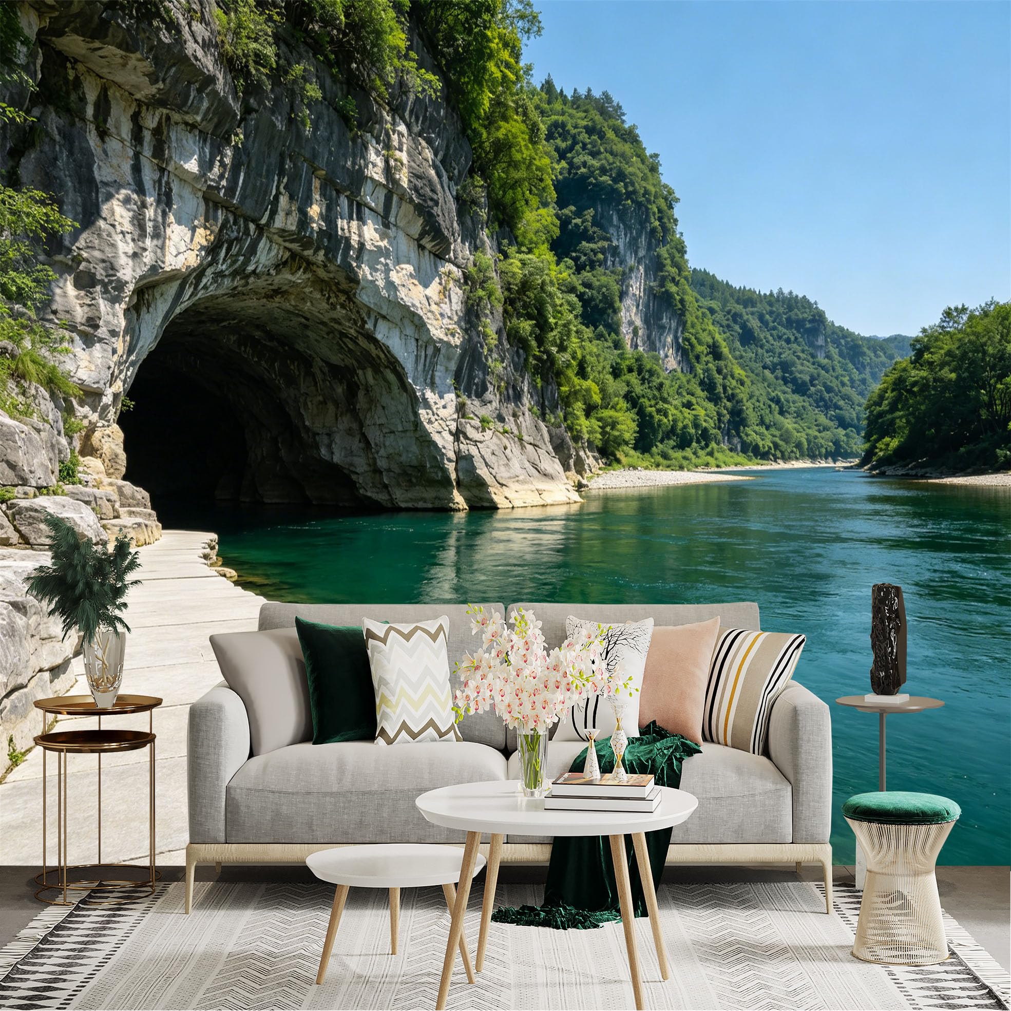 Lnzczhyre Dbh260521678 Custom Size Wall Sticker Mural， Natural Limestone Cave， Turquoise River， Lush Green Cliffs， Scenic Riverside Path， For Wall Decoration， Peelandstick Wall Decals.