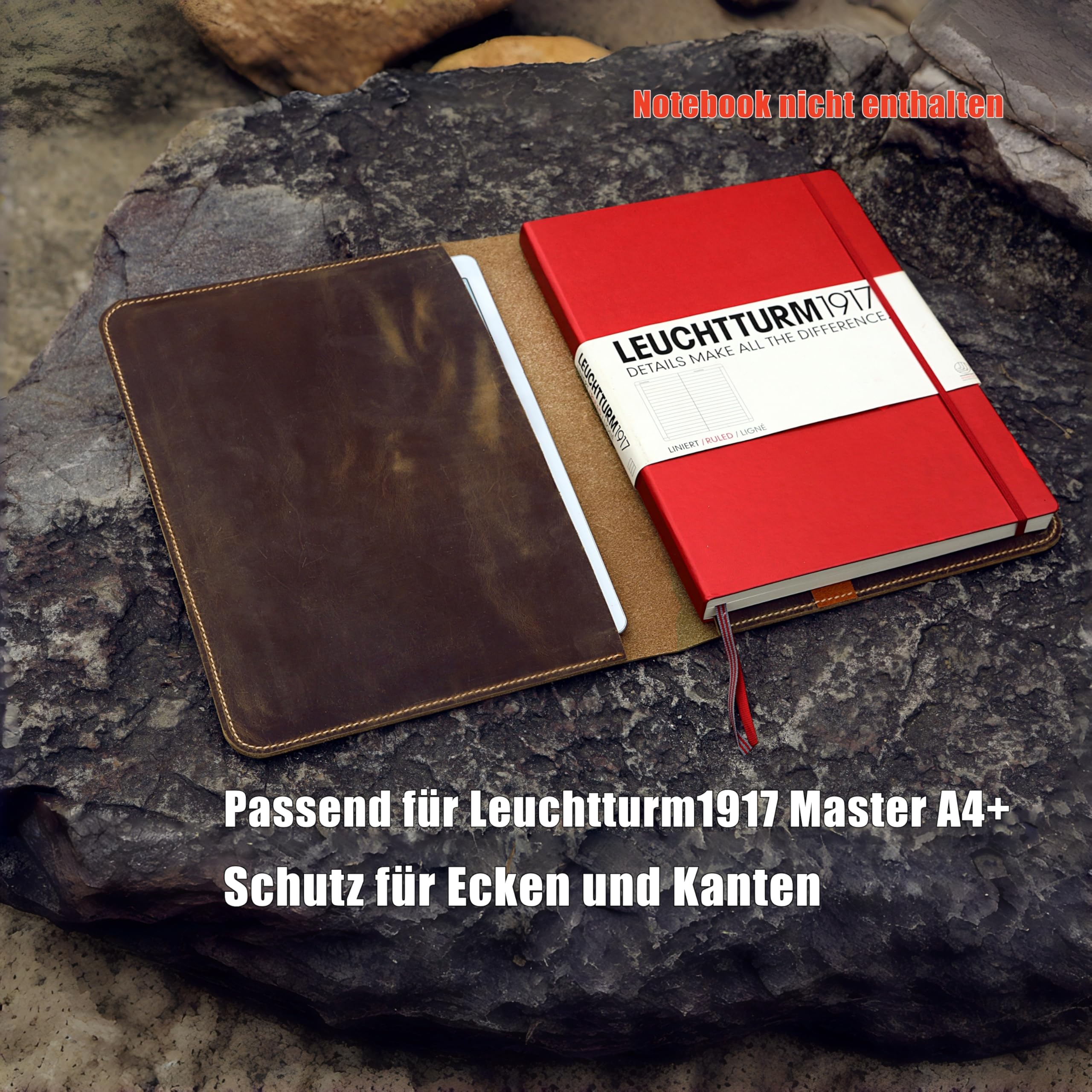 Handgenähte A4+ Notizbuchhülle aus Full Grain „Crazy Horse“ Leder – passend für Leuchtturm1917 Master Classic & Master Slim – schlanke Schreibmappe/Leder Cover A4+, personalisierbar