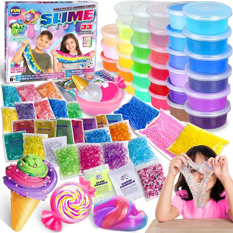 33 Cups Jumbo Slime Kit for Kids, FunKidz Premade Ultimate Slime Pack to DIY Soft, Cloud, Clear, Butter, Glitter, Glow in Dark Slime Making Kit Party Favors Gift Toys for Girls and Boys