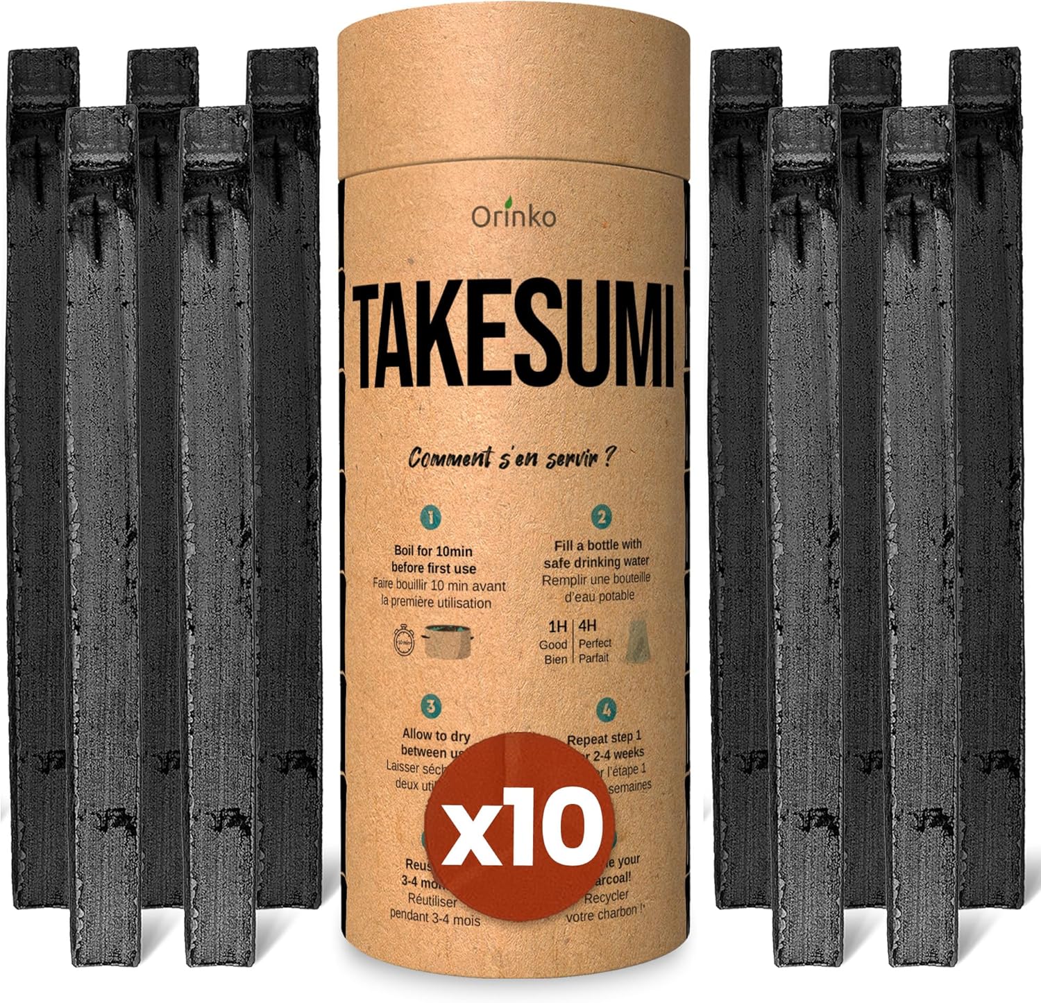 ORINKO Binchotan Organic Activated Carbon Water x10 – Powerful Natural Filtration Up to 1L/Stick – Bamboo Takesumi – Eco Friendly Purifier for Jug, Fountain and Water Bottle