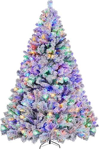 Miniatura 10 de Yaheetech Árbol de Navidad flocado de nieve preiluminado de 6 pies, pino artificial con bisagras de alta calidad con 250 luces LED coloridas y 564