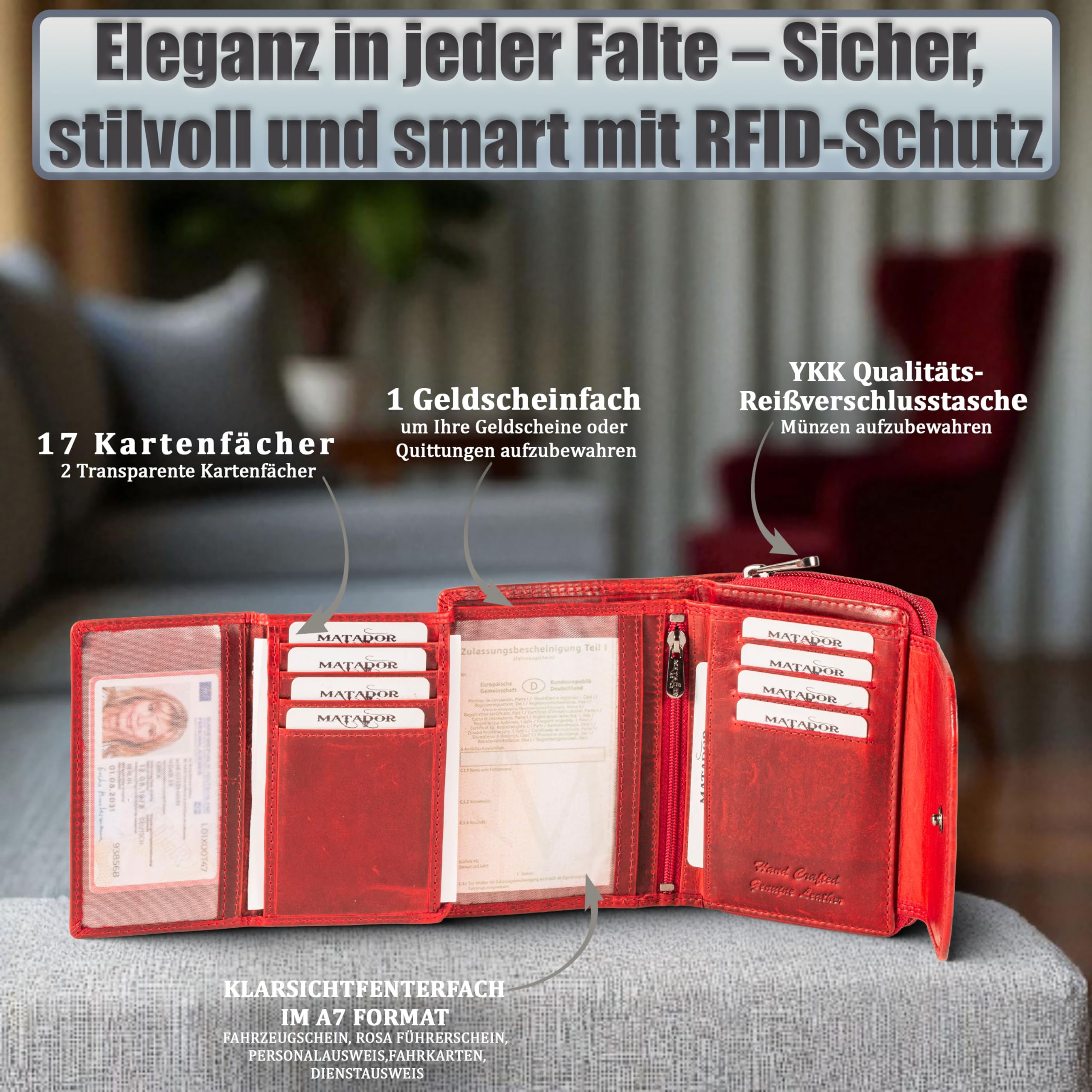 MATADOR Portmonetka damska ze skóry #Murcia ze szlachetnym pudełkiem prezentowym, elegancka portmonetka średniej wielkości z blokadą RFID, luksusowy portfel damski, średniej wielkości, wiele
