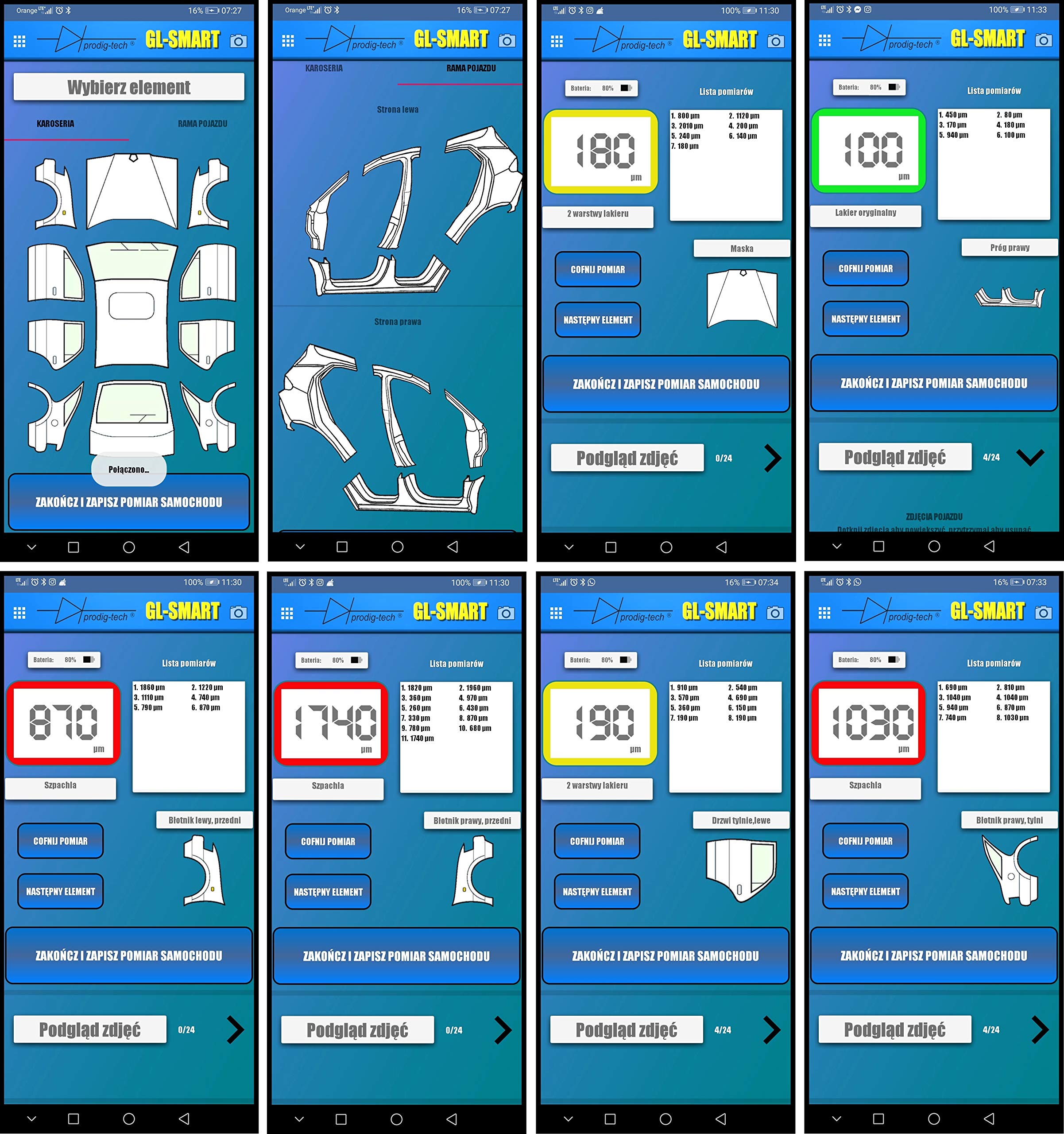Miernik grubości lakieru GL-SMART-8 (PL/EN/DE) | Aplikacja mobilna Android, iOS | Sonda wbudowana ruchoma | Grubościomierz lakieru samochodowego | Tester lakieru | Miernik grubości farby na samochodzie | Stal, stal ocynkowana, aluminium | Asystent Pomiaru