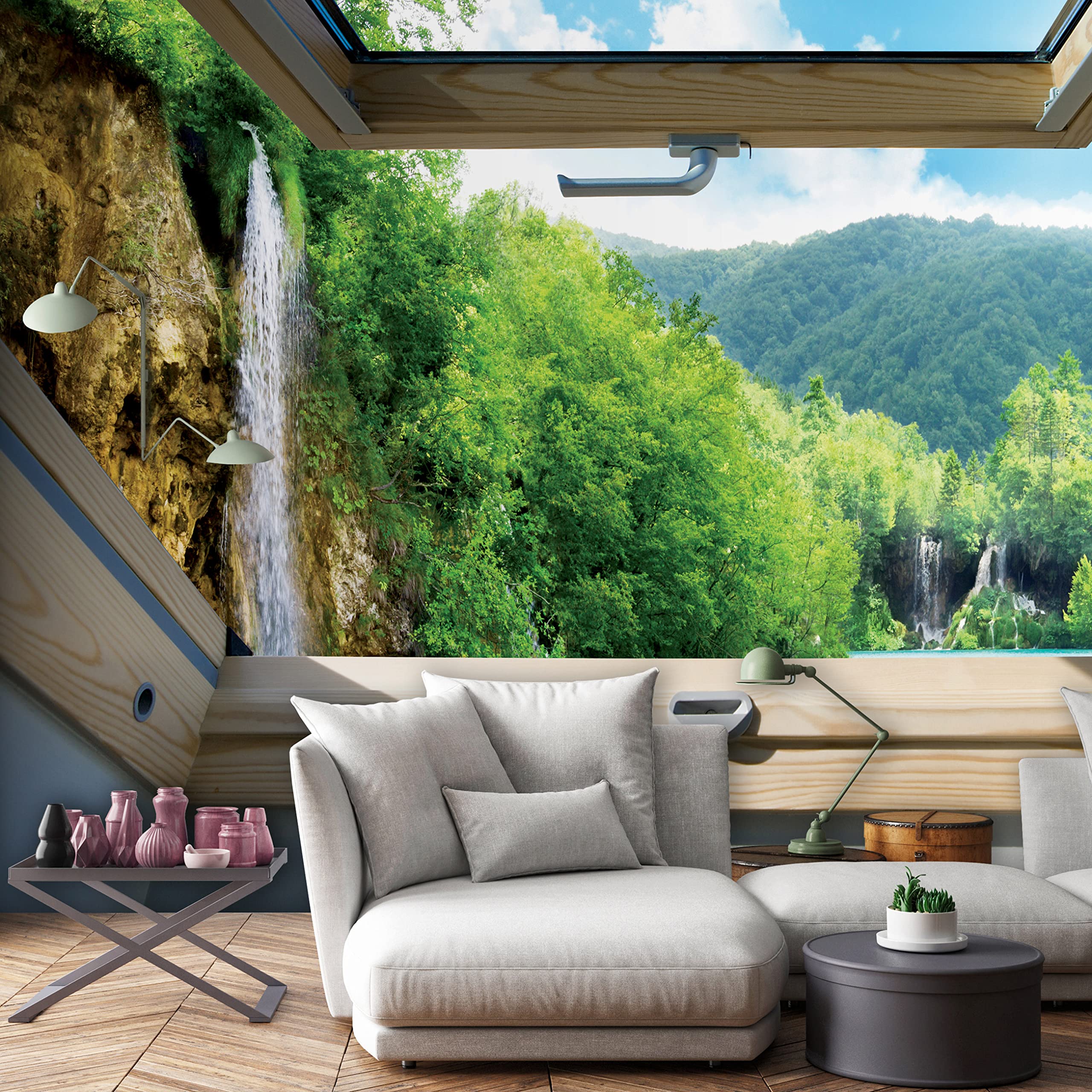 WallArena Vlies Fototapete, Fenster, 254x184cm | Fototapeten - Tapeten - für Wohnzimmer Schlafzimmer - Vliestapete Wandtapete Tapete 3D Effekt- inkl. Kleister
