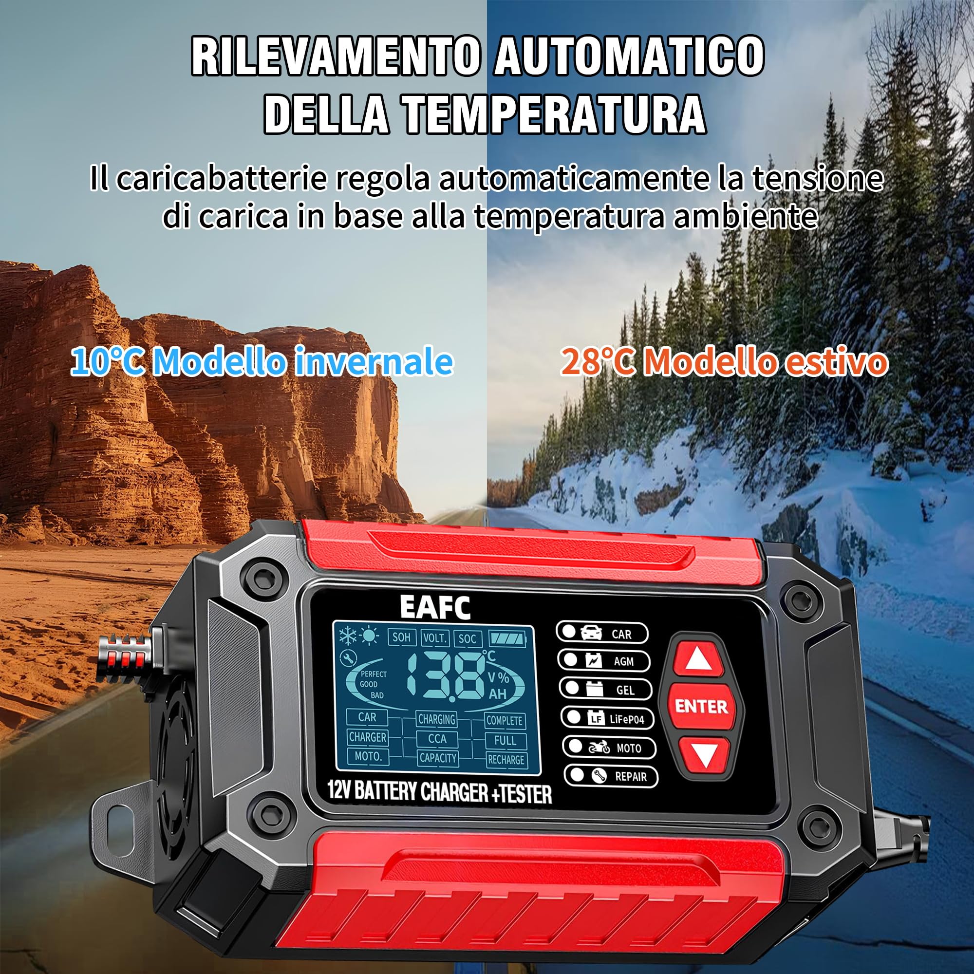 Tester Batteria Auto, 12V 6A Tester per Batterie, del Caricatore e LiFePO4 Strumento Diagnostico della Batteria per Auto Moto Barche SUV e Camion